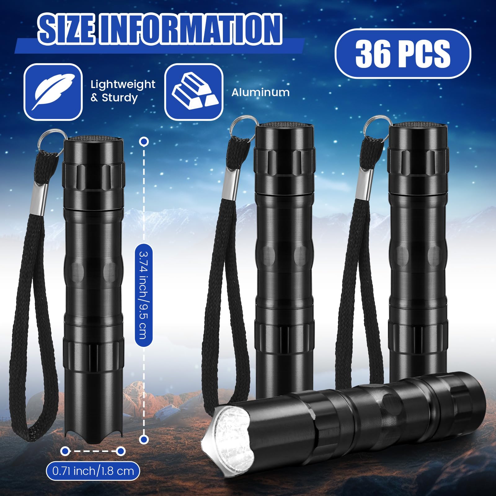 Tujoe 36 Pcs Mini Flashlights Bulk Bright Aluminum Led Handheld Torches With Lanyard Small Led Flashlights For Night Reading Emergency Hurricane Camping Hiking Party Favors (Black)