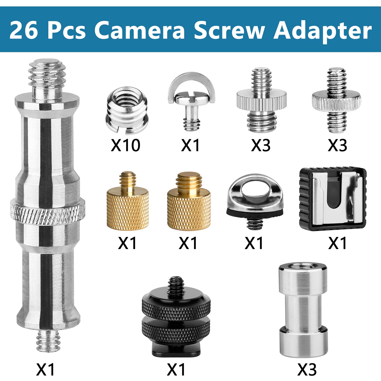 Chromlives Camera Tripod Adapter, 26Pack Camera Screw Mount Set 1/4 Threaded Converter Screws Adapter, 1/4 To 3/8 Hot Shoe Adapter,Tripod Mount Adapter Set For Monopod/Quick Release Plate