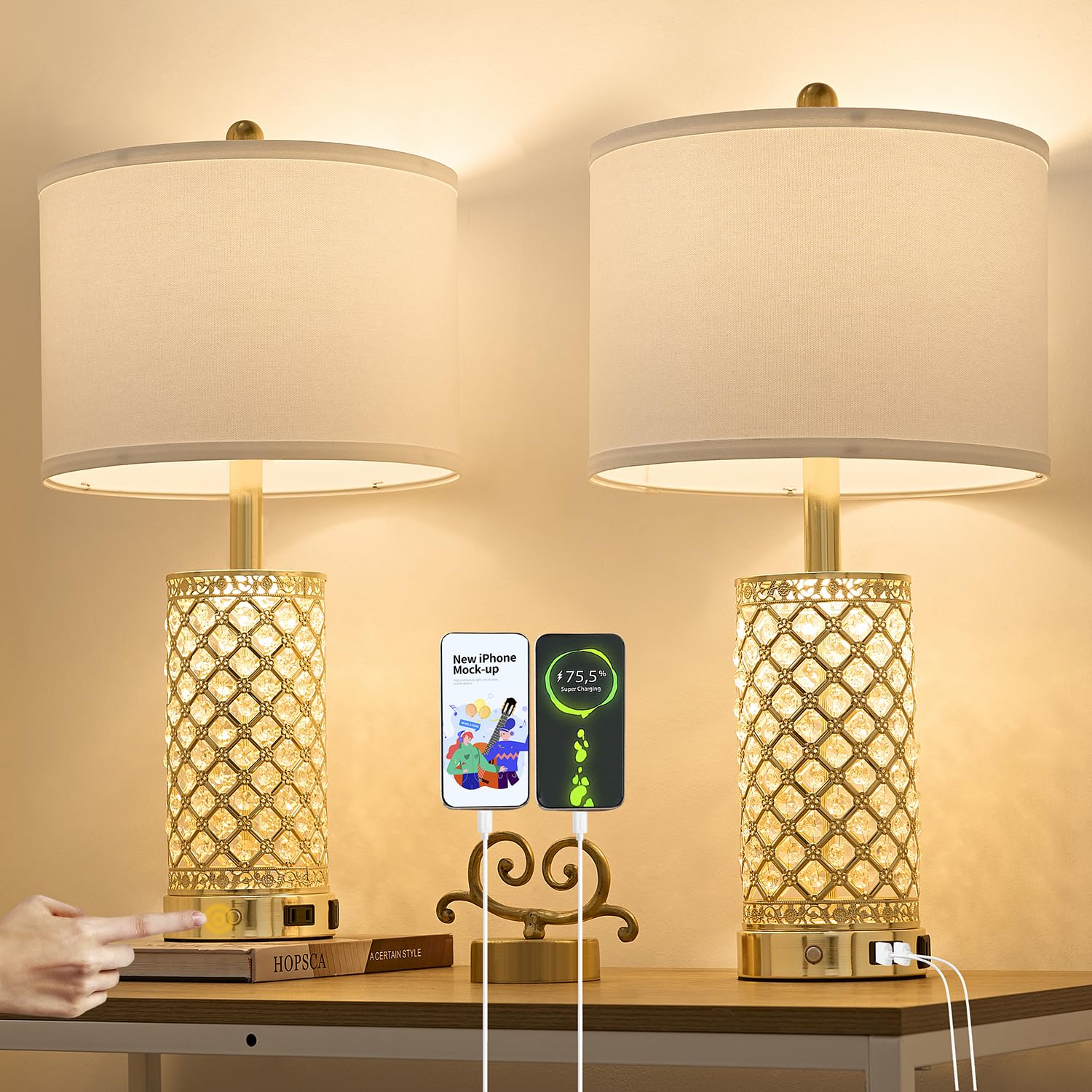 Saiweya 24" Modern Crystal Table Lamp Set Of 2-Gold Bedroom Lamps 3-Way Dimmable Touch Lamp With Night Light, 2 Usb Ports + Ac Outlet Bedside Night Stand Lamp For Living Room Office (Gold-2 Pack)