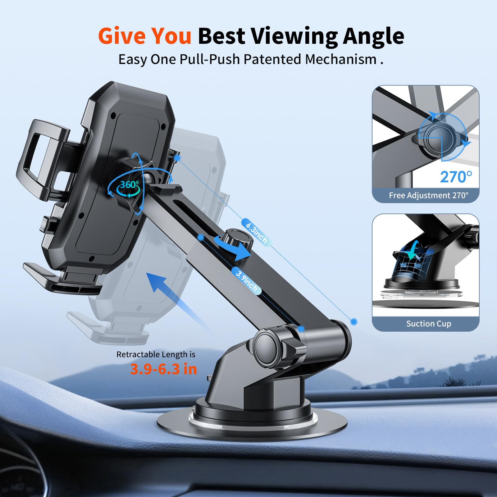 Suuson  3-In-1 Car Phone Holder Mount [Powerful Suction] Phone Mount For Car Dashboard Air Vent Windshield,For All Iphone Android Phone (Black)