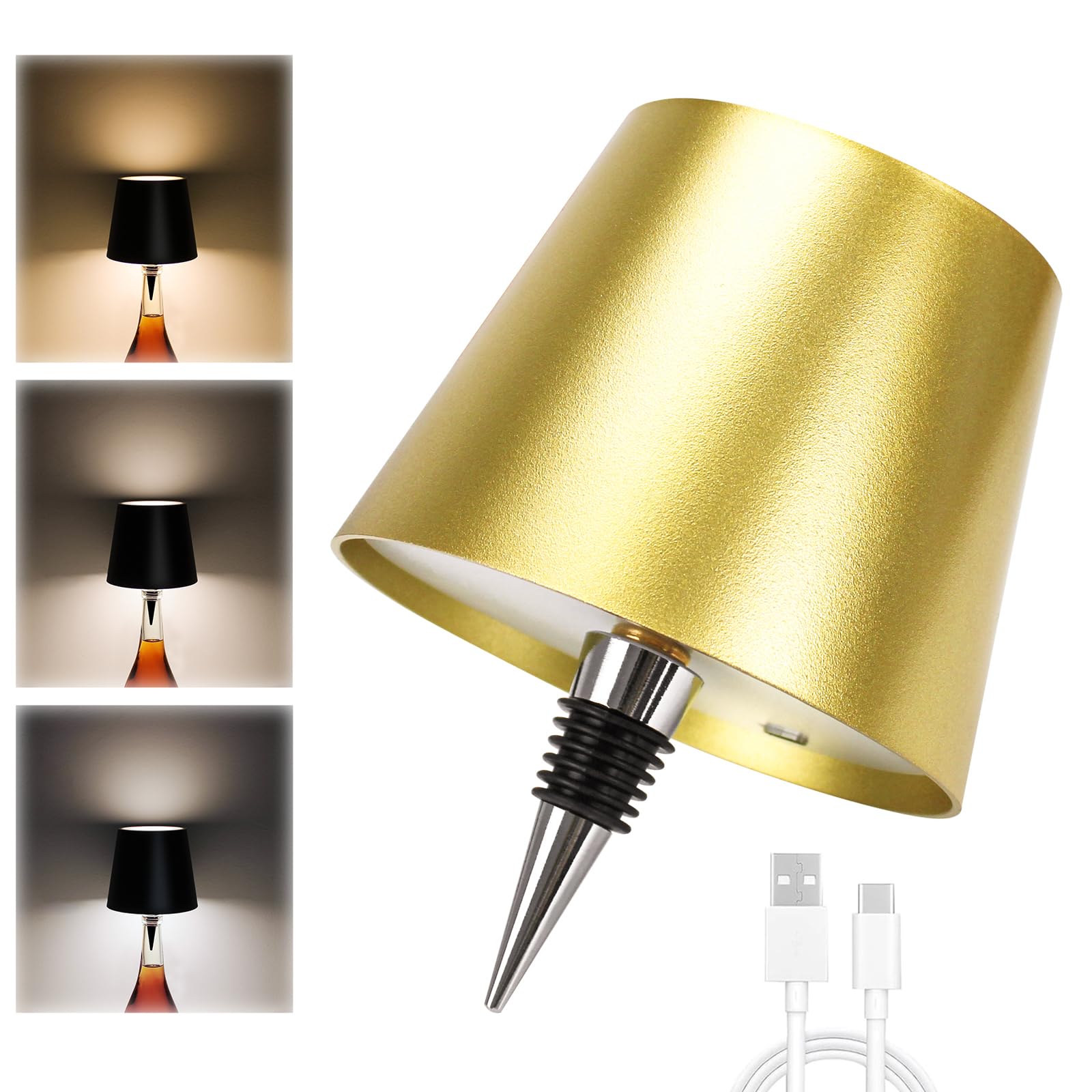 Puyttenpp Wireless Bottle Lamp,Wireless Bottle Lamp With 3 Modes Light Dimming, Touch Led Rechargeable Wine Bottle For Bars Restaurants Christmas Decoration (Gold)