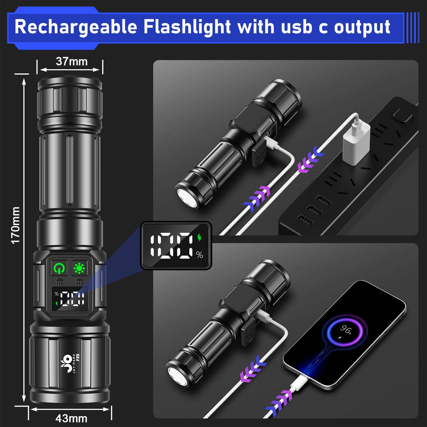 Jay-Park Flashlights High Lumens, Rechargeable Flashlight 1000,000 Lumens With Magnetic, Bright Flash Light 9 Modes With 5000 Mah Battery, Tactical Flashlight For Camping, Hiking, Dog Walking