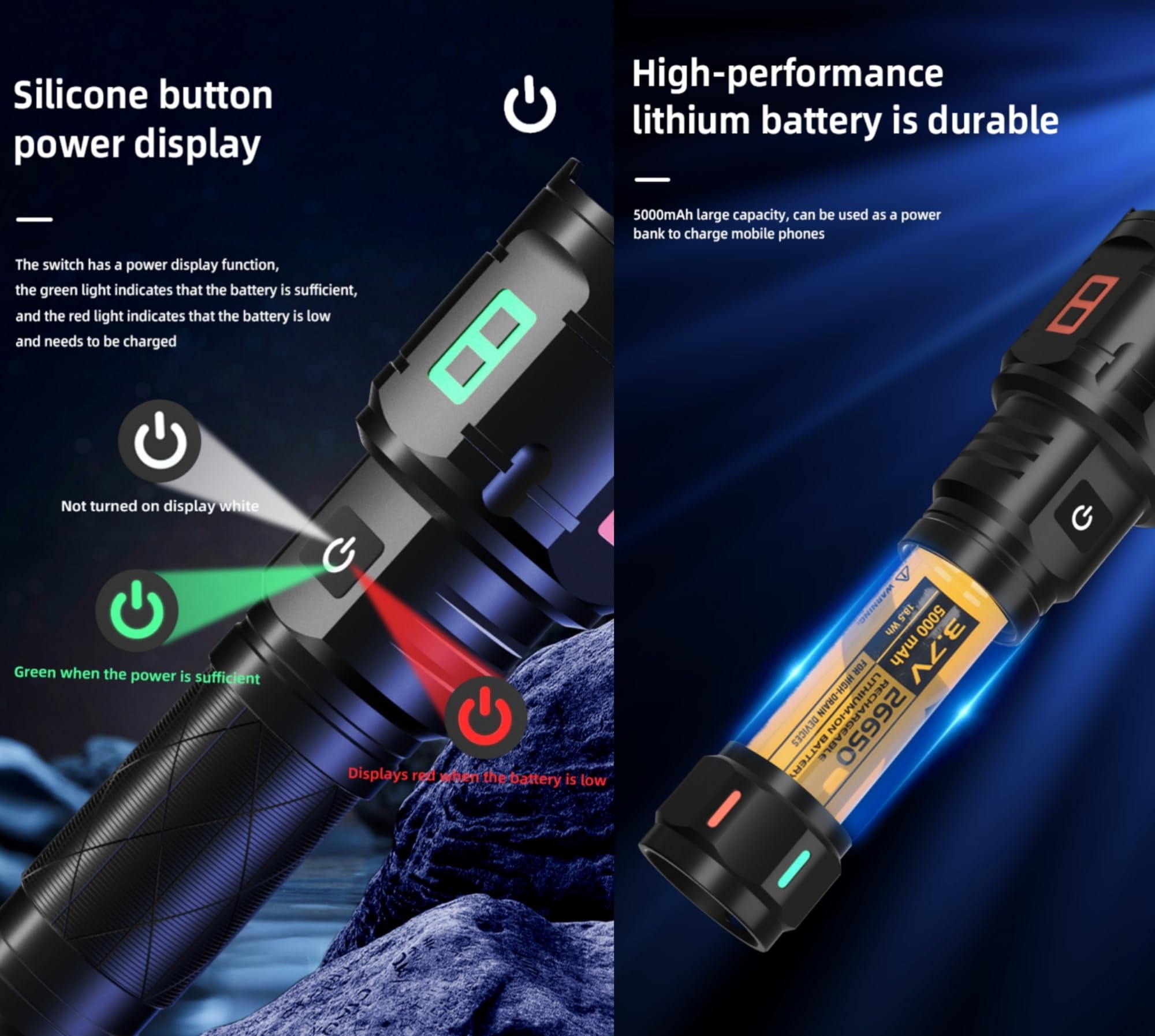 Kindlethefire Rechargeable Military Flashlight, 220,000Lm Powerful Tactical Flashlight, 5000 Mah Led Variable Focus, Up To 50 Hours Of Continuous Use, For Camping Expeditions And Emergencies