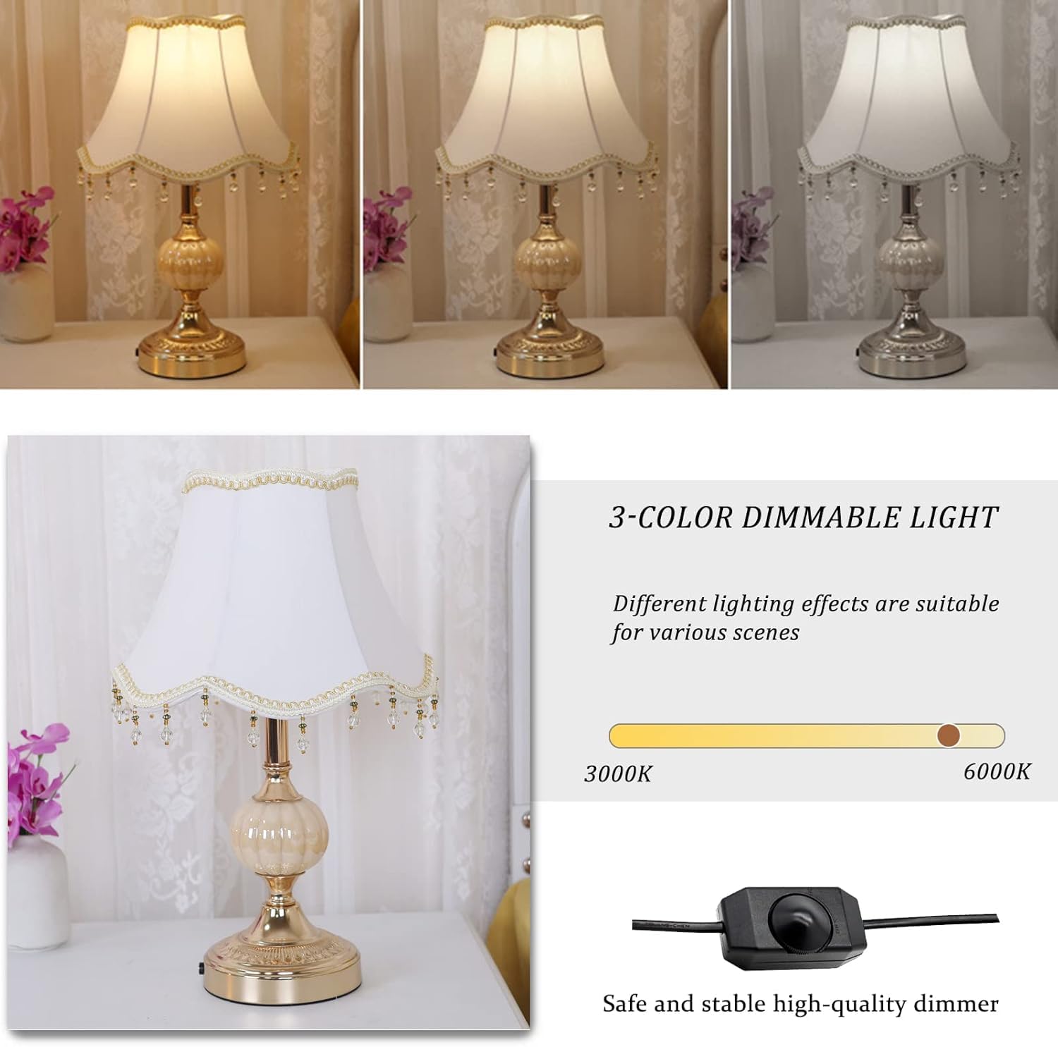 Sandyha Classical Tiffany European Style Table Lamp Fabric Drum Shade And Gold Base American Decor Classic Bedside Desk Nightstand Table Lamp For Bedroom Living Room