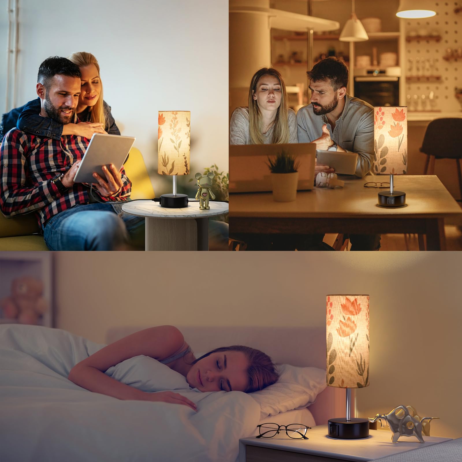 Lanmonlily Touch Control Desk Lamp With 2 Usb Ports, 3-Way Dimmable Bedside Lamp For Bedroom, Nightstand Lamp With Round Flower Fabric Shade For Living Room, Home Office