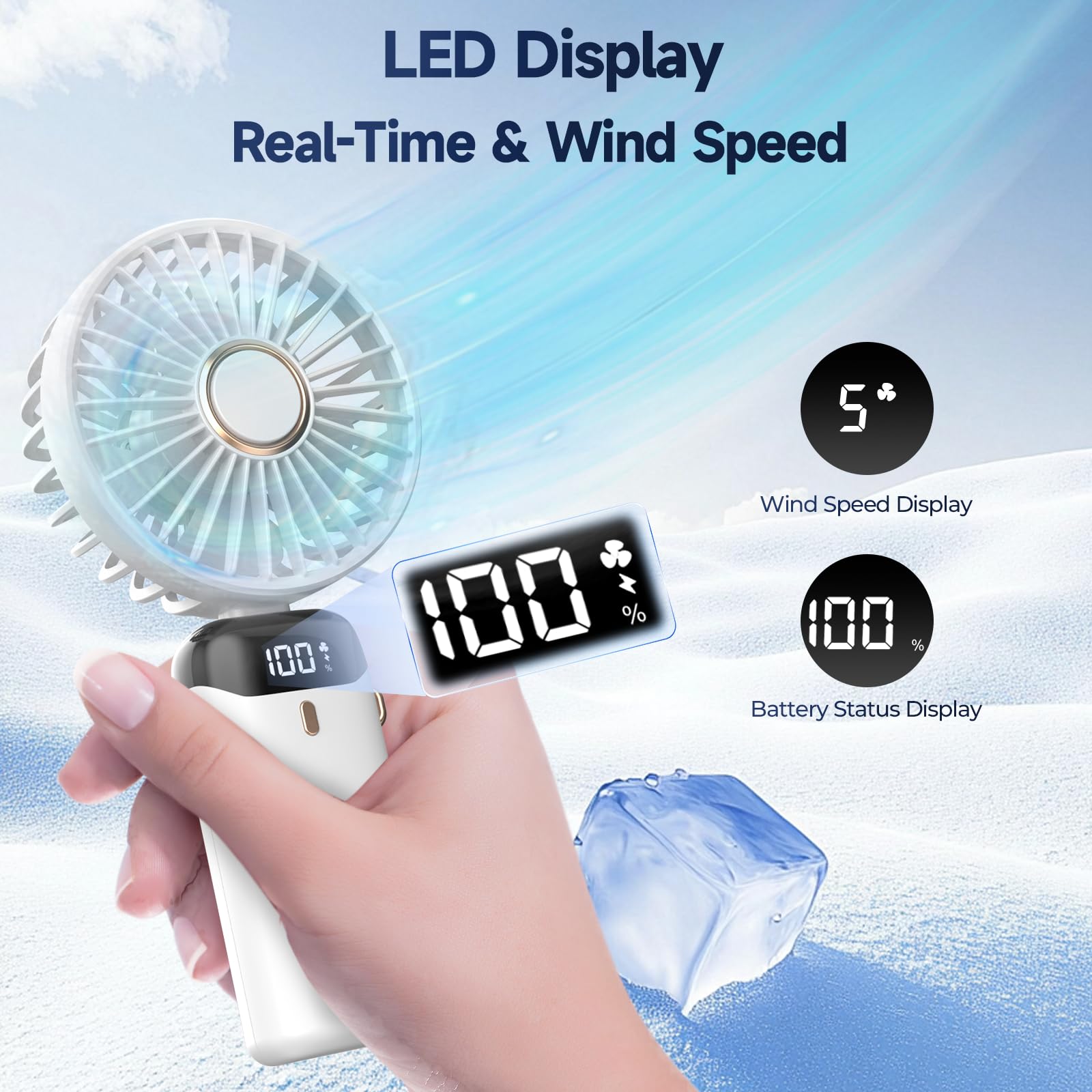Rechargeable Portable Handheld Fan,5000Mah Battery Operated Mini Fan,5 Speeds And Led Display