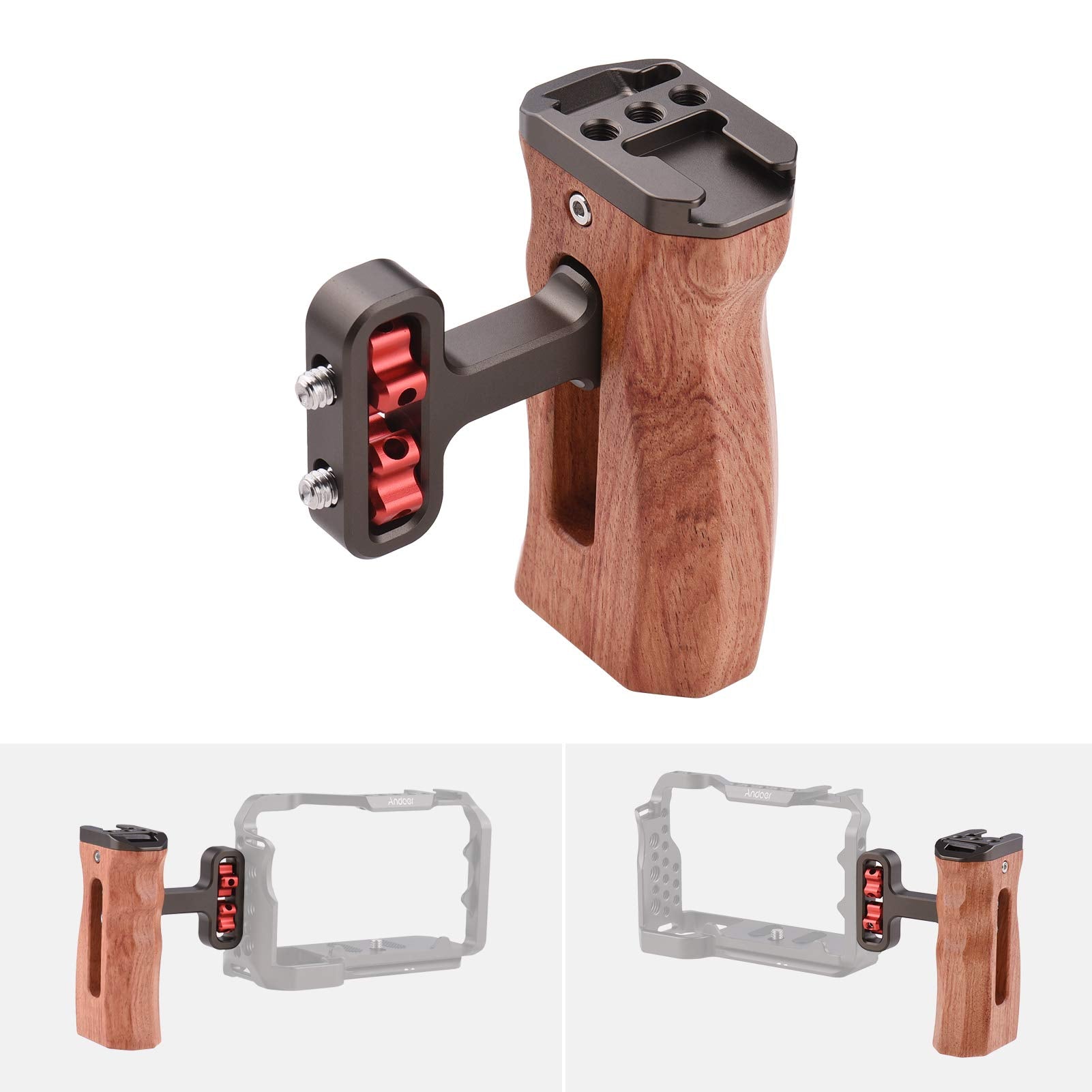 Andoer Universal Camera Cage Left/Right Side Handle Wooden Hand Grip With 1/4 Screw Hole Cold Shoe Mount For Camera Cage