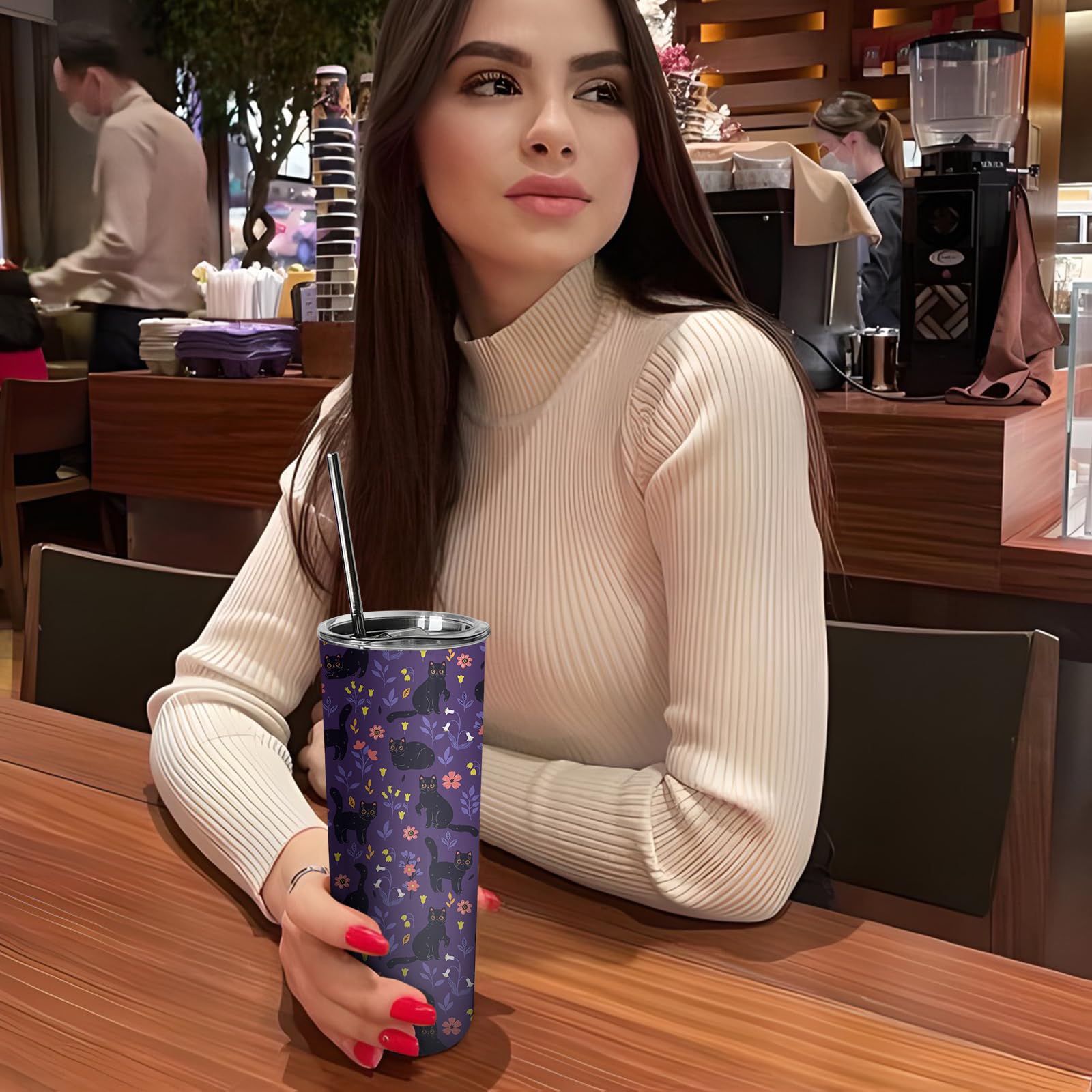 Cute Cat With Flower Tumbler With Handle And Straw, 20Oz Stainless Steel Insulated Cup