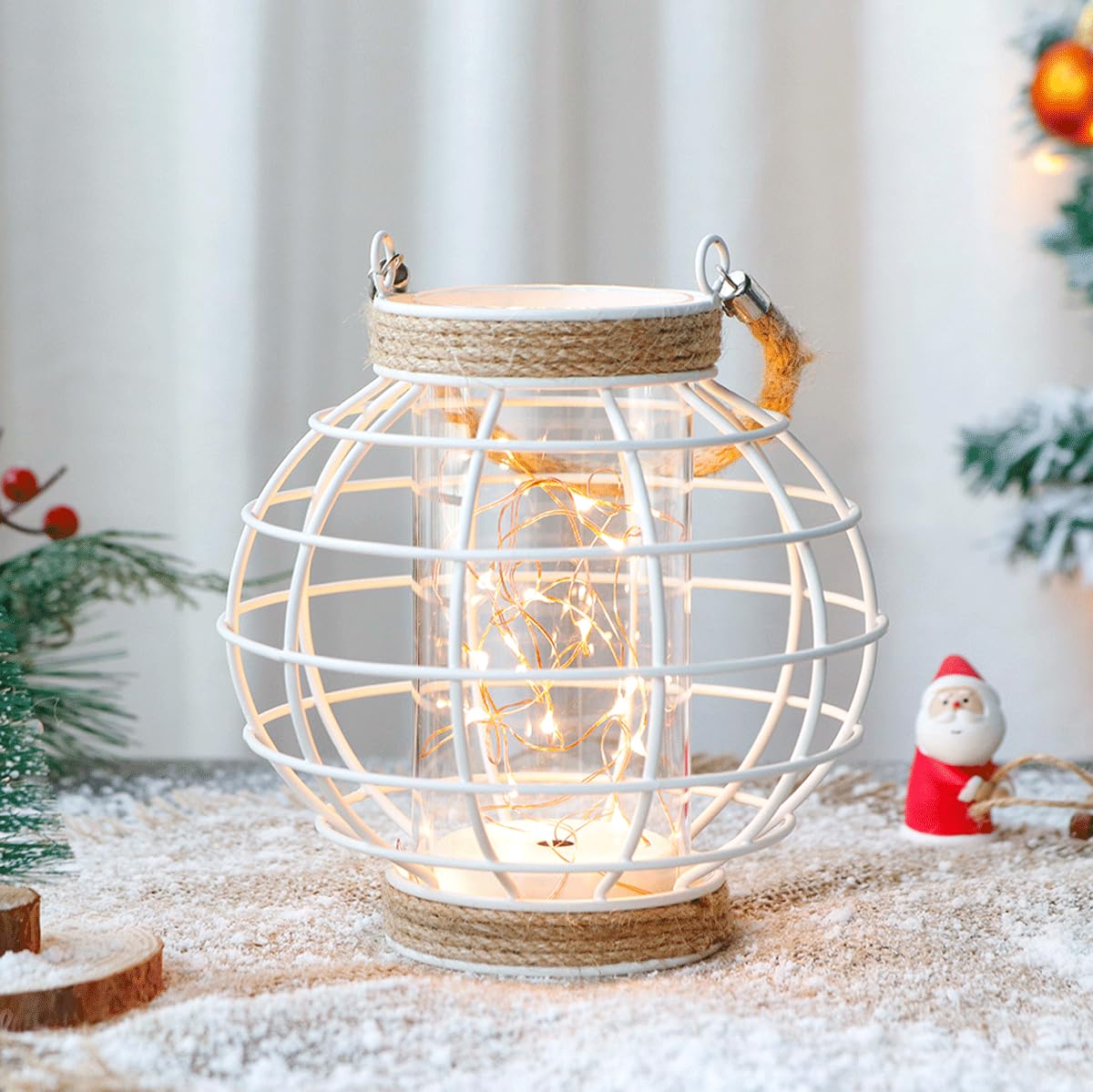 Jhy Design Metal Cage Led Lantern Battery Powered,7.3" Tall Cordless Accent Light With 20Pcs Fairy Lights.Great For Weddings, Parties, Patio, Events For Indoors/Outdoors(White)