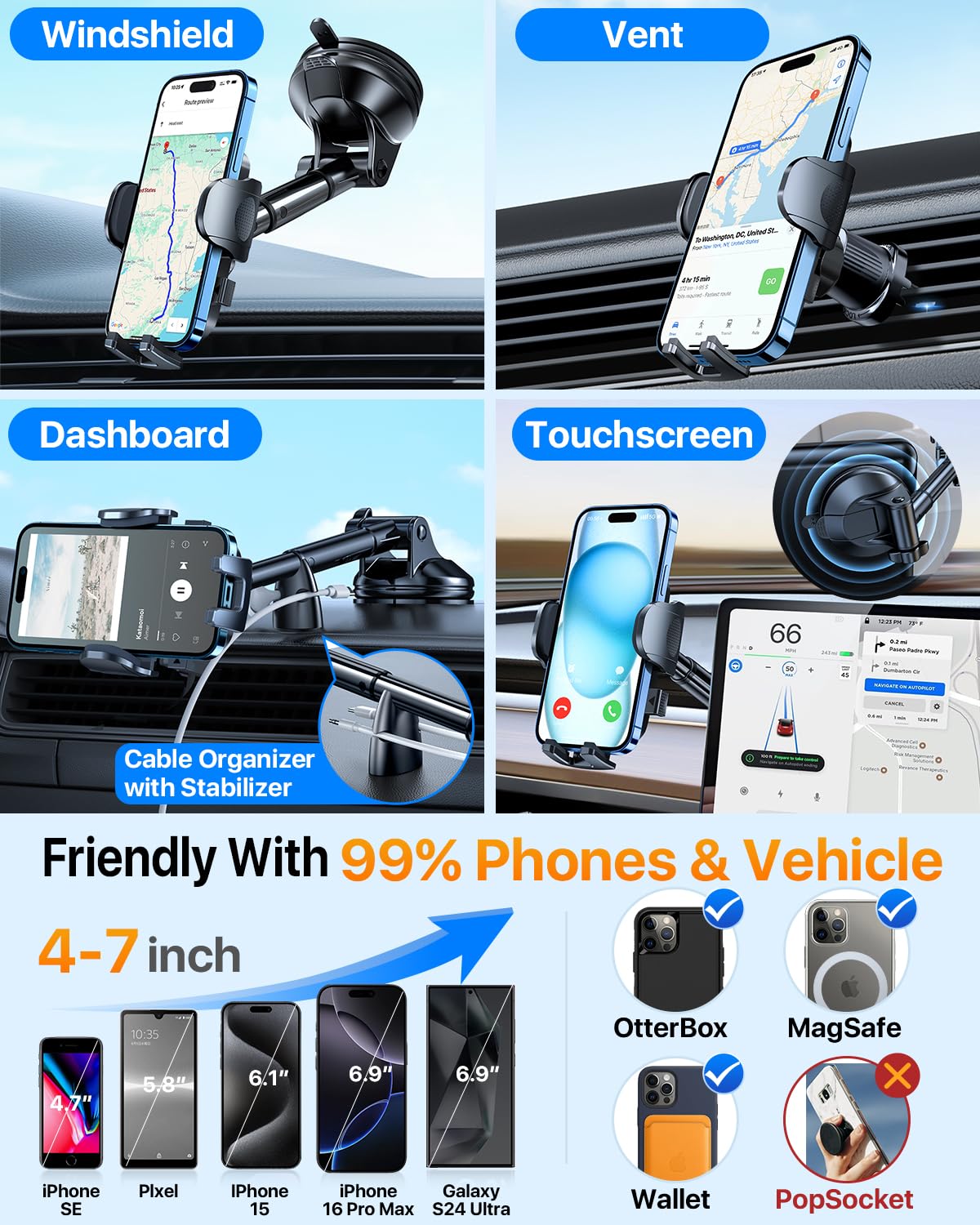 Yru 【True Military-Grade】Car Phone Holder【 Strongest & Rotatable Suction Cup】Cell Phone Mount For Dashboard Windshield, Truck Cradle Dash Stand For Iphone 16 Pro Max 15 14 13 12 Android, Black