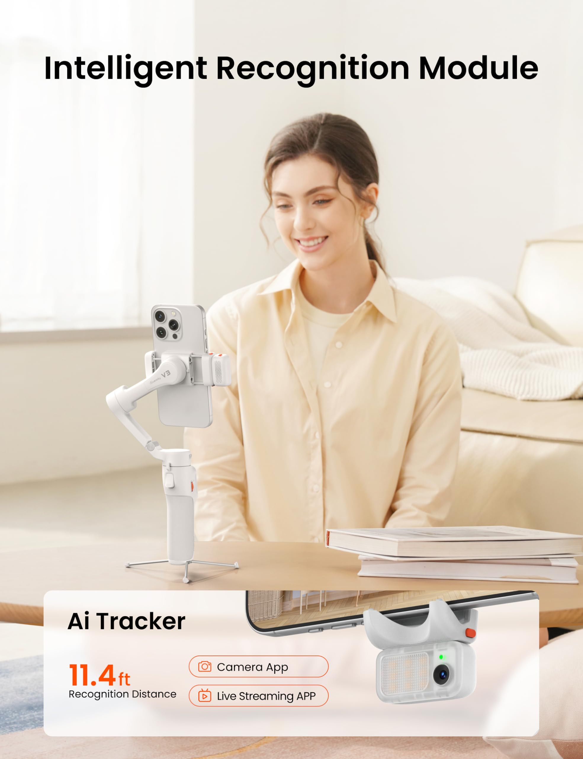 Hohem Isteady V3 Phone Gimbal Stabilizer, Magnetic Ai Tracking Sensor With Fill Light, Detachable Remote Control, Built-In Extension Rod And Tripod, Foldable 3-Axis Stabilization Gimbal, White