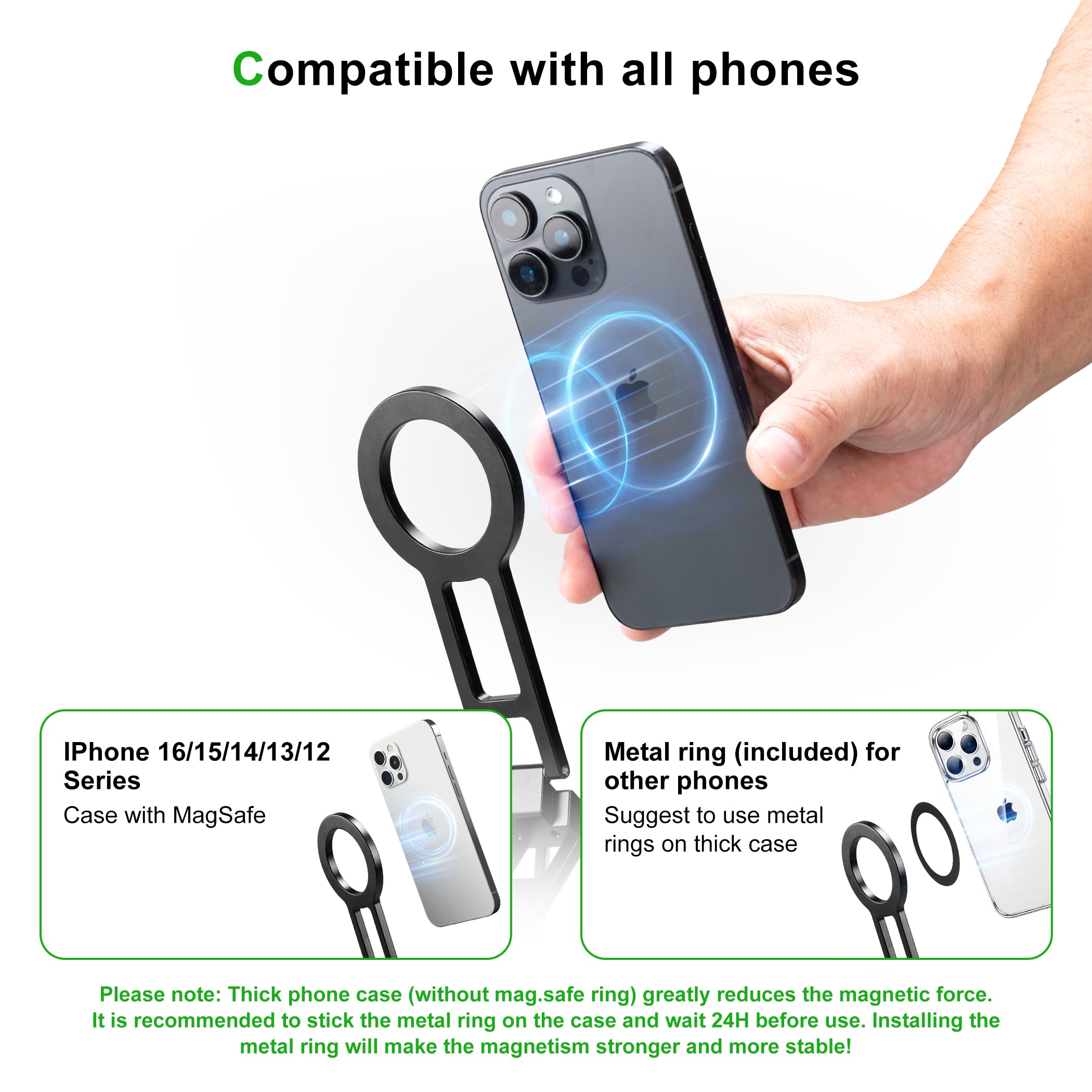 Fanaue Magnetic Pocket Phone Tripod Foldable Compatible With Magsafe Iphone Plus Pro Max Series, Magnetic Phone Holder For 4.5-7.5" Phones, Selfie Stick Handle Smartphone Desk Stand Travel All In One.