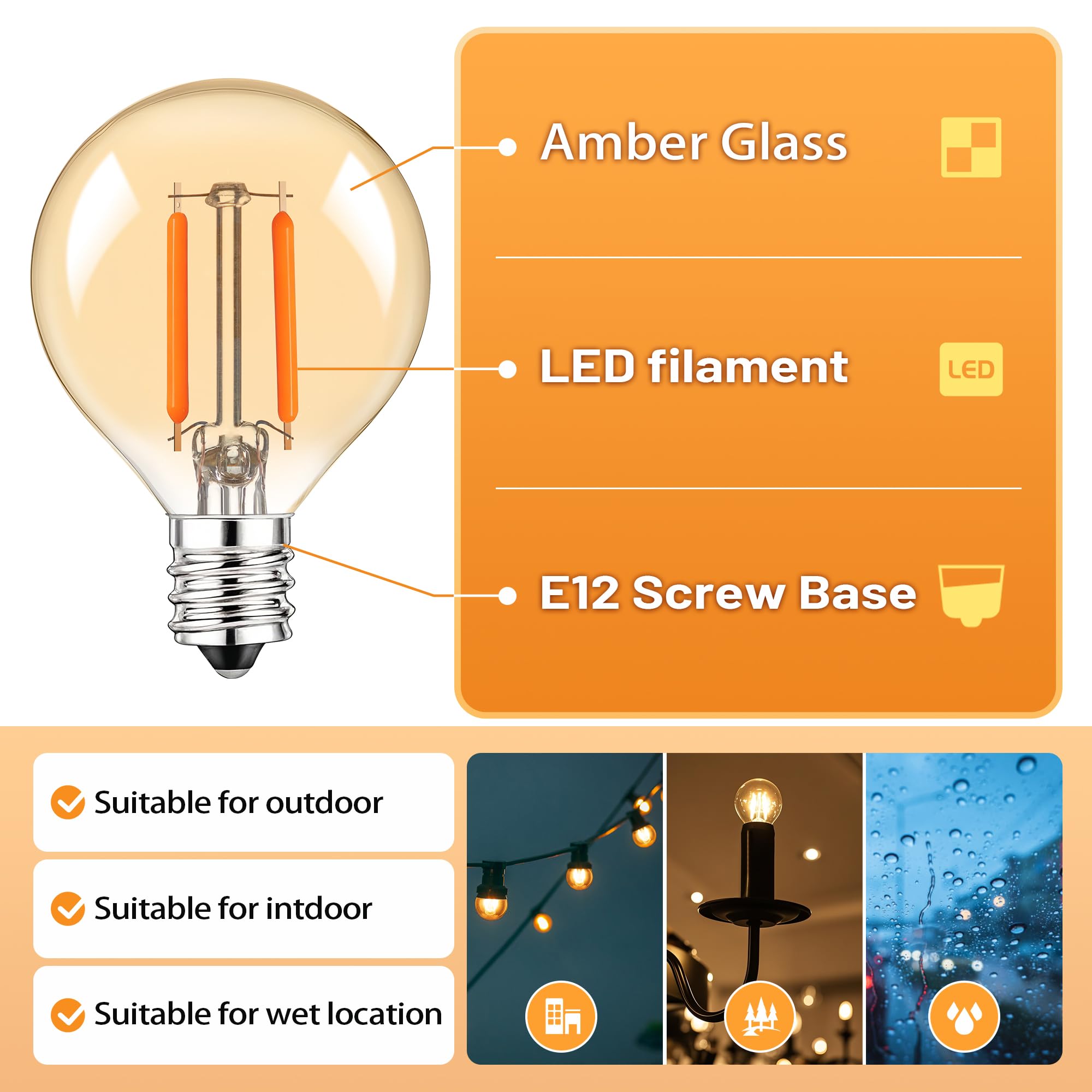 Guangyue 25Pack G40 Amber Glass Led Replacement Bulbs, 1.5W Equivalent 15W E12 Screw Base Shatterproof Globe Light Bulb For Indoor & Outdoor String Lights, 2200K Warm White
