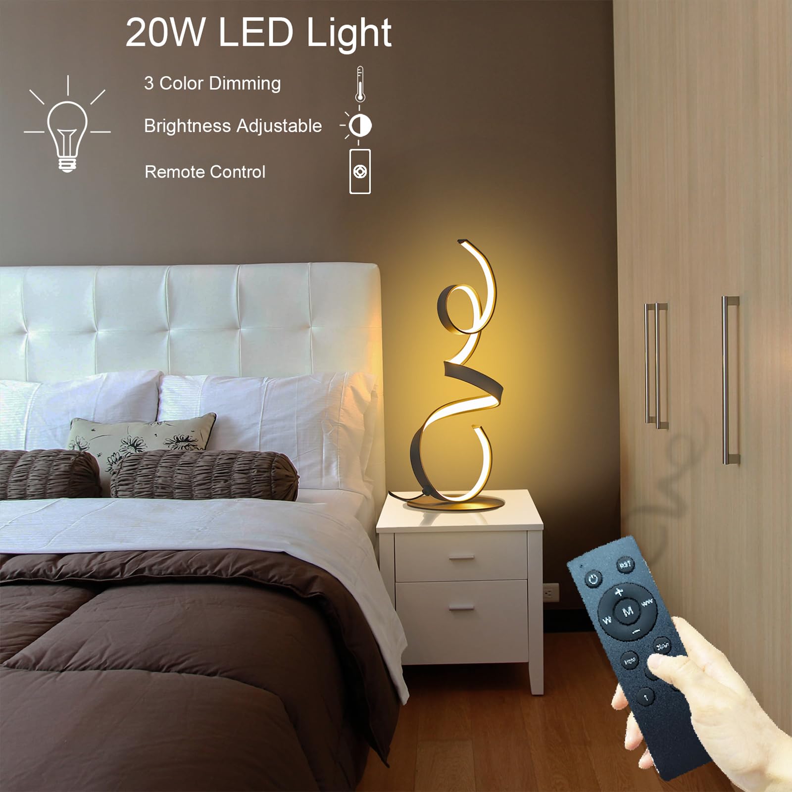 Aooliwang 20W 3 Colors Remote Control Dimmable Led Art Table Lamp 21.4 Inch With Touch Switch For Living Room,Bedroom (Black)