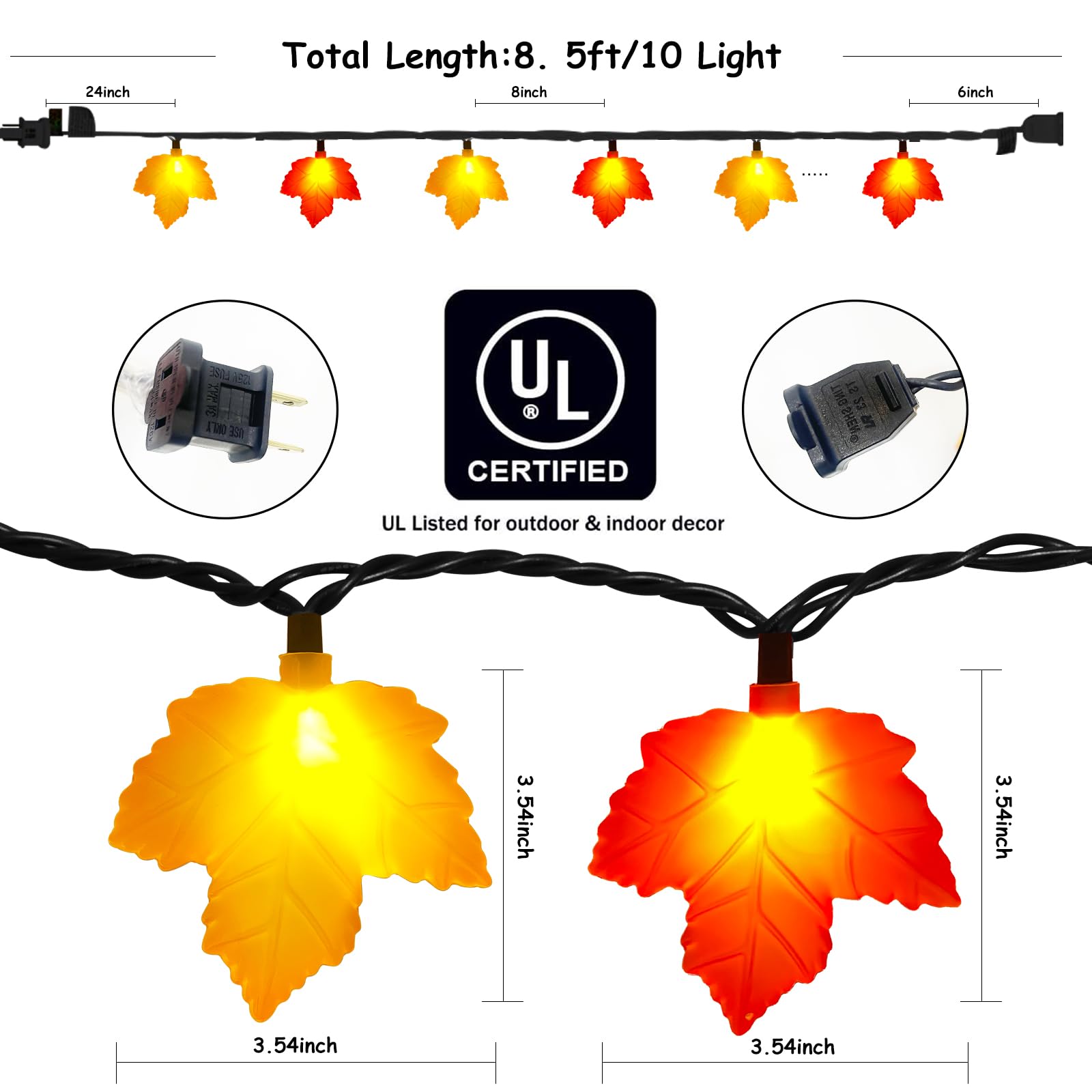 Abeja 8.5Ft Led Maple Leaf String Lights, Fall Decor Garland Lights With 10 Led Bulbs, Thanksgiving Decorating String Lights For Fall, Wedding, Christmas, Thanksgiving, Birthday Decoration