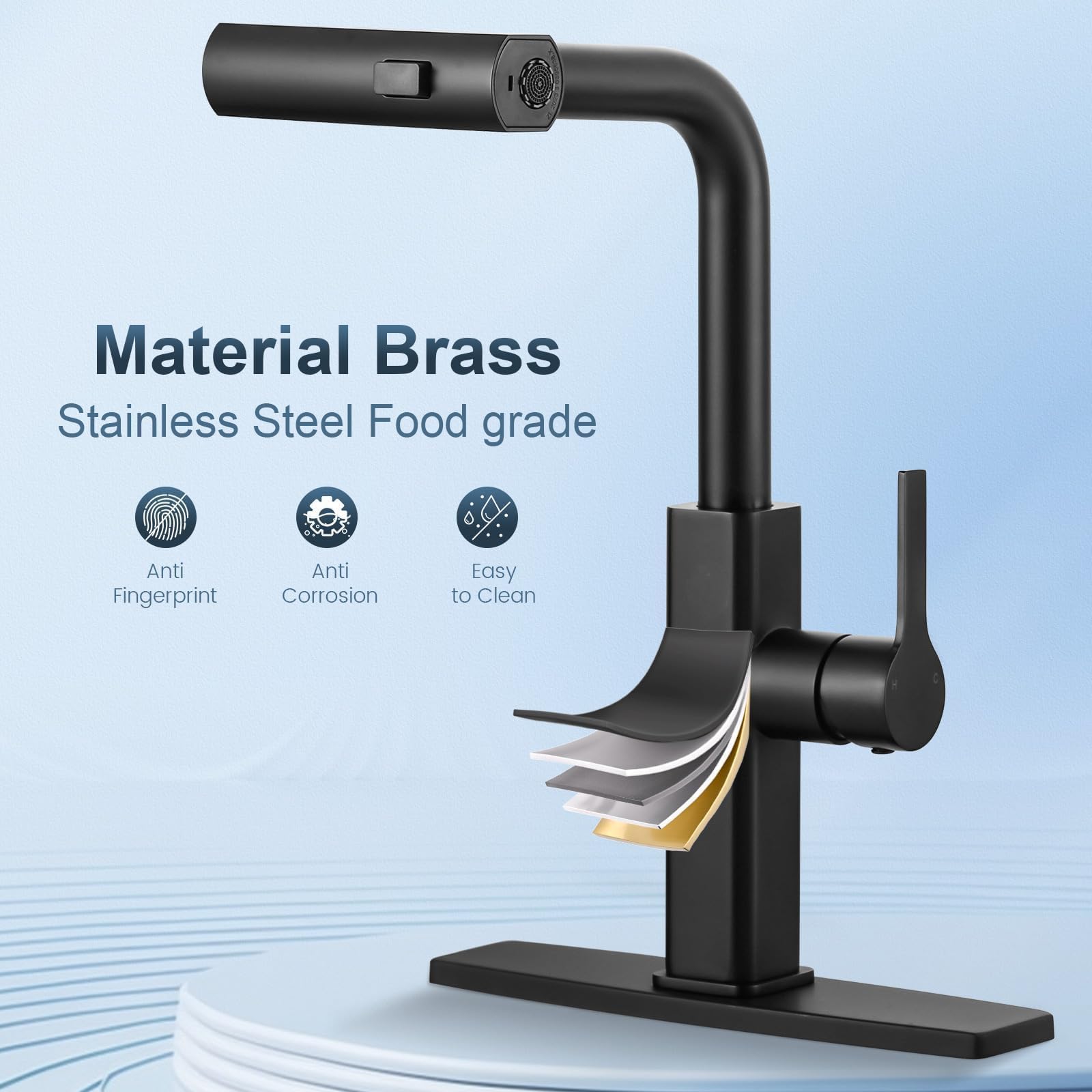 Aleasha Kitchen Faucet With Pull Down Sprayer: Waterfall Kitchen Faucet With Soap Dispenser, Matte Black Single Hole Sink Faucet For Rv/Bar, Single Handle Brass Pull Out Modern Kitchen Faucets