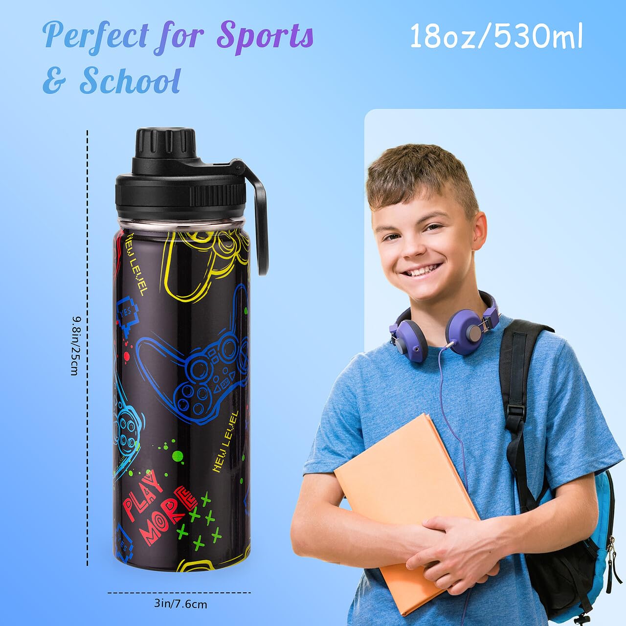 18Oz Insulated Water Bottle With Straw Lid & Spout Lid, Game Controller, For Kids Boys Girls