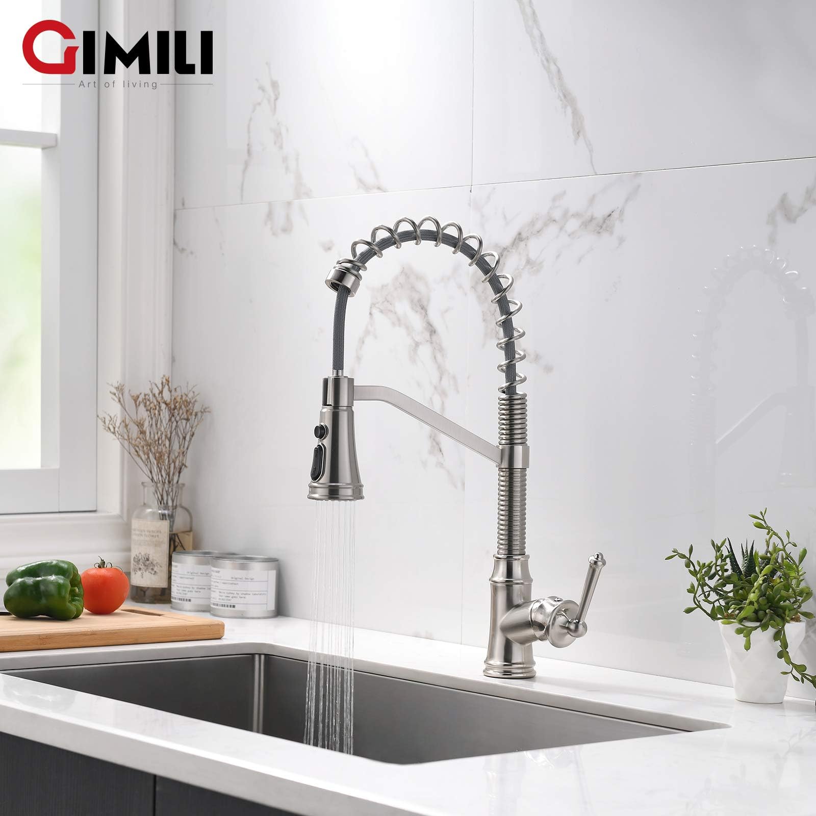 Gimili Kitchen Faucet With Pull Down Sprayer Single Handle Lever Spring Kitchen Sink Faucet Brushed Nickel