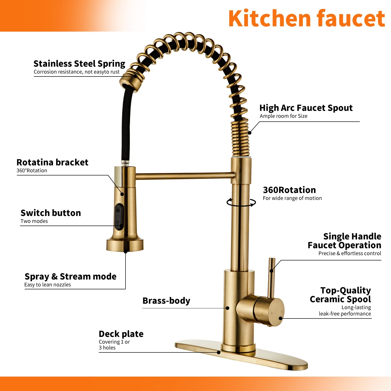Louevido Brushed Gold Kitchen Faucet With Pull Down Sprayer, Rv Brass Kitchen Faucet Stainless Steel Single Handle Spring Faucet With Deck Plate For Farmhouse Utility Bar Laundry Sinks,Grifos De Cocina