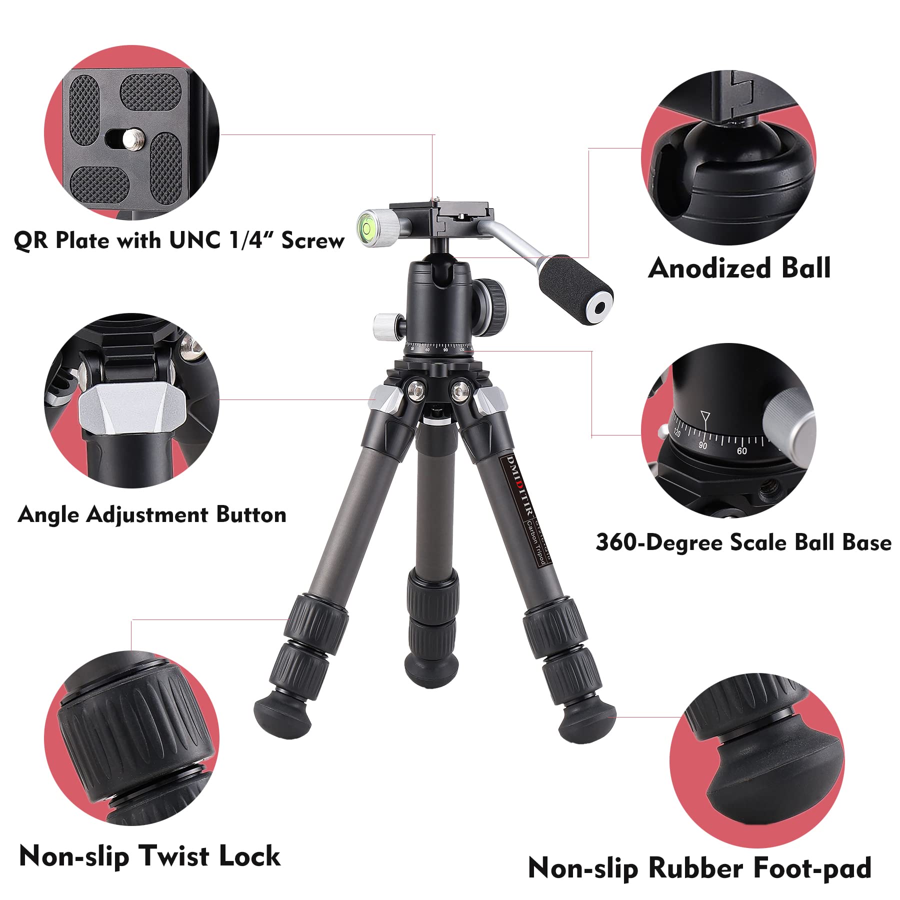 Dmiditir Carbon Fiber Tripod Tabletop Camera Tripod Metal Mini Tripod With 360 Degree Metal Ball Head With Handle For Camera And Phone,Compatible With Canon,Nikon,Sony Cameras.