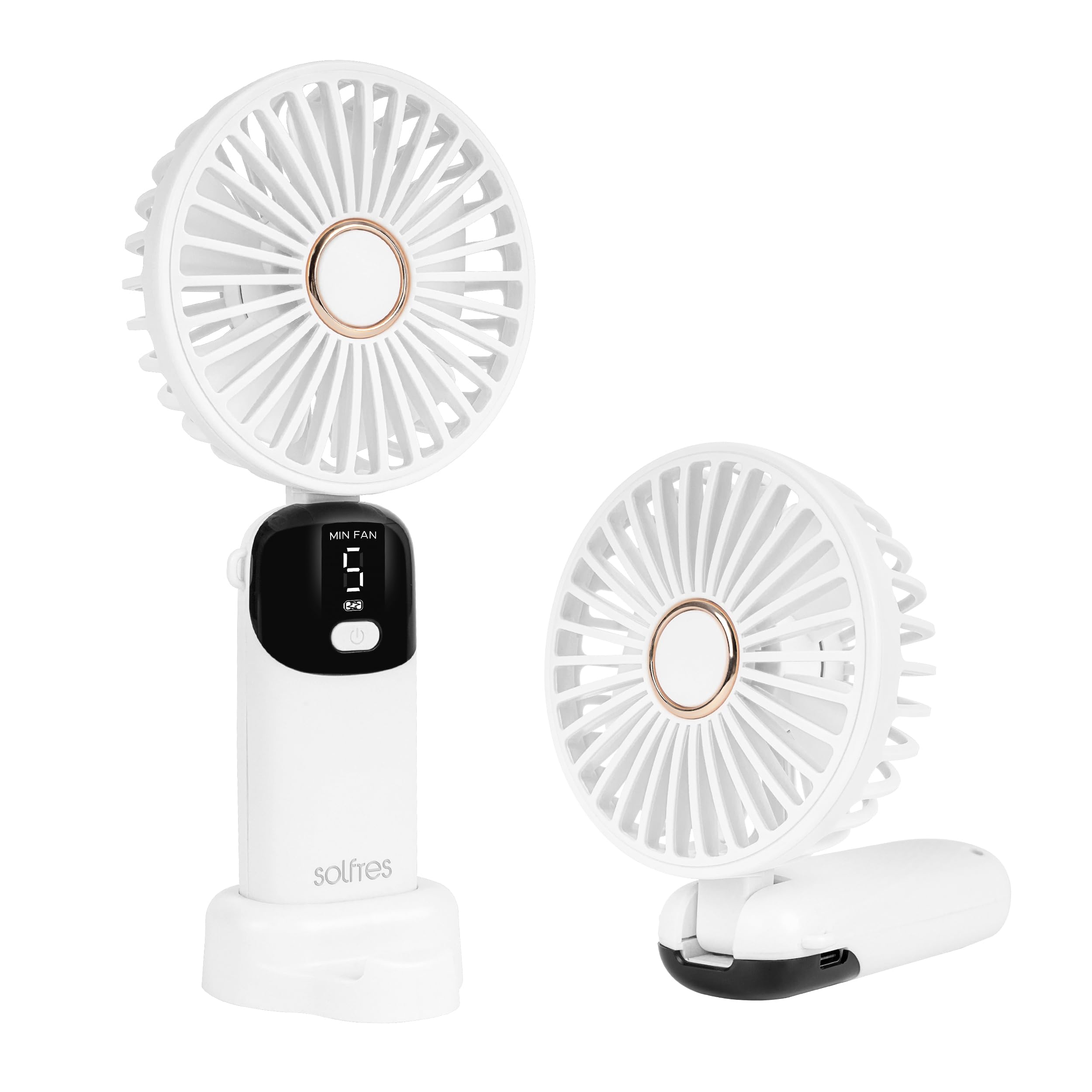 Solfres Portable Mini Handheld Fan, Digital Display, 5 Speeds, 90° Adjustable And Foldable - Koospark