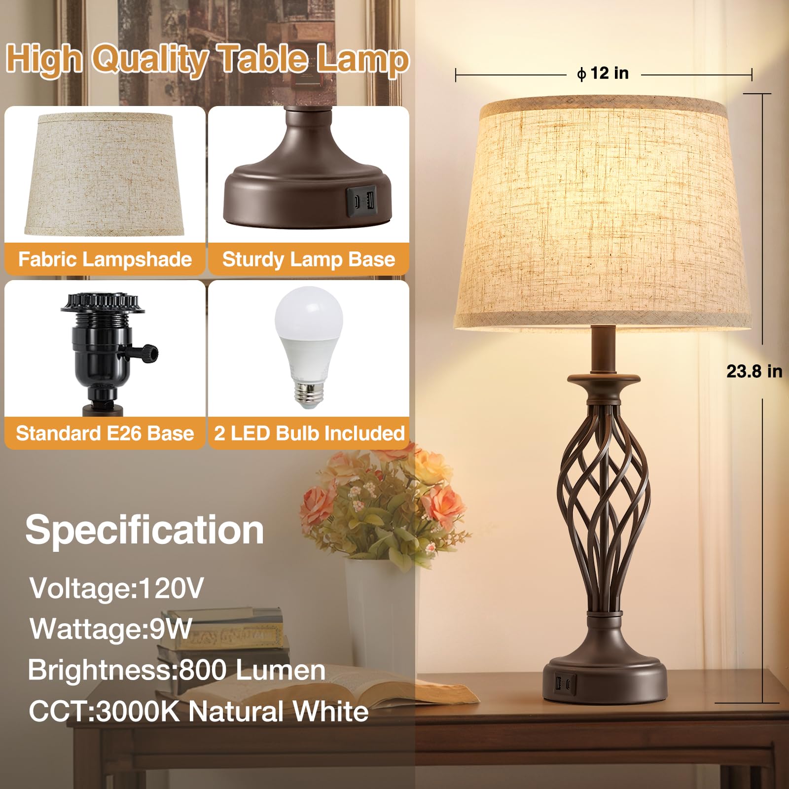 Ejiaxin Table Lamp For Bedroom Set Of 2 With Usb C+A Ports - Modern Brown Bedside Lamps With Spiral Cage Base Fabric Shade - Nightstand Lamp For Living Room Reading Bed Side End Table 2 Led Bulbs Included