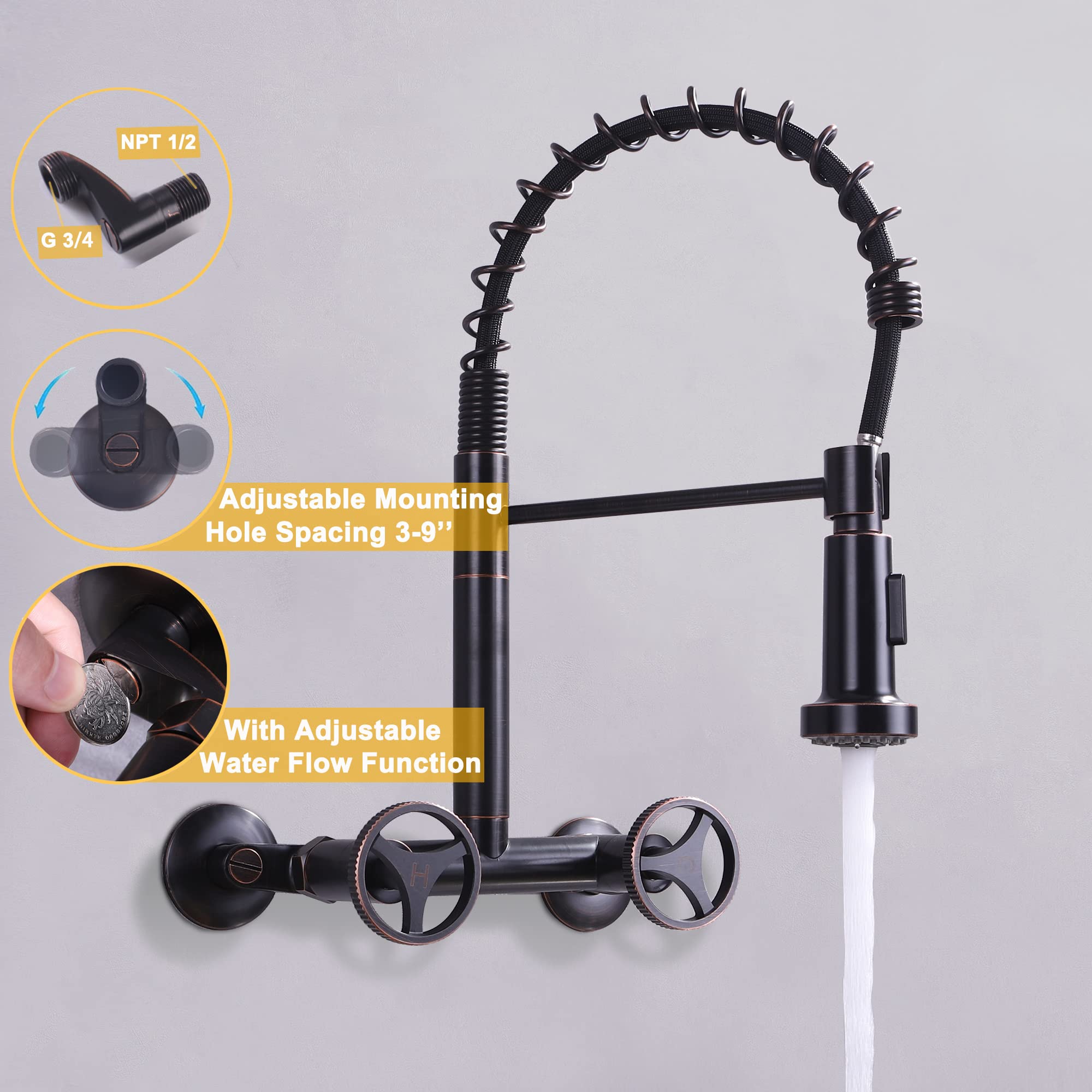 Dolgaba Wall Mount Kitchen Faucets 8 Inch Center 2 Handle Kitchen Sink Faucet, Commercial Sink Faucet With Pull Down Sprayer For Kitchen Laundry, Oil Rubbed Bronze