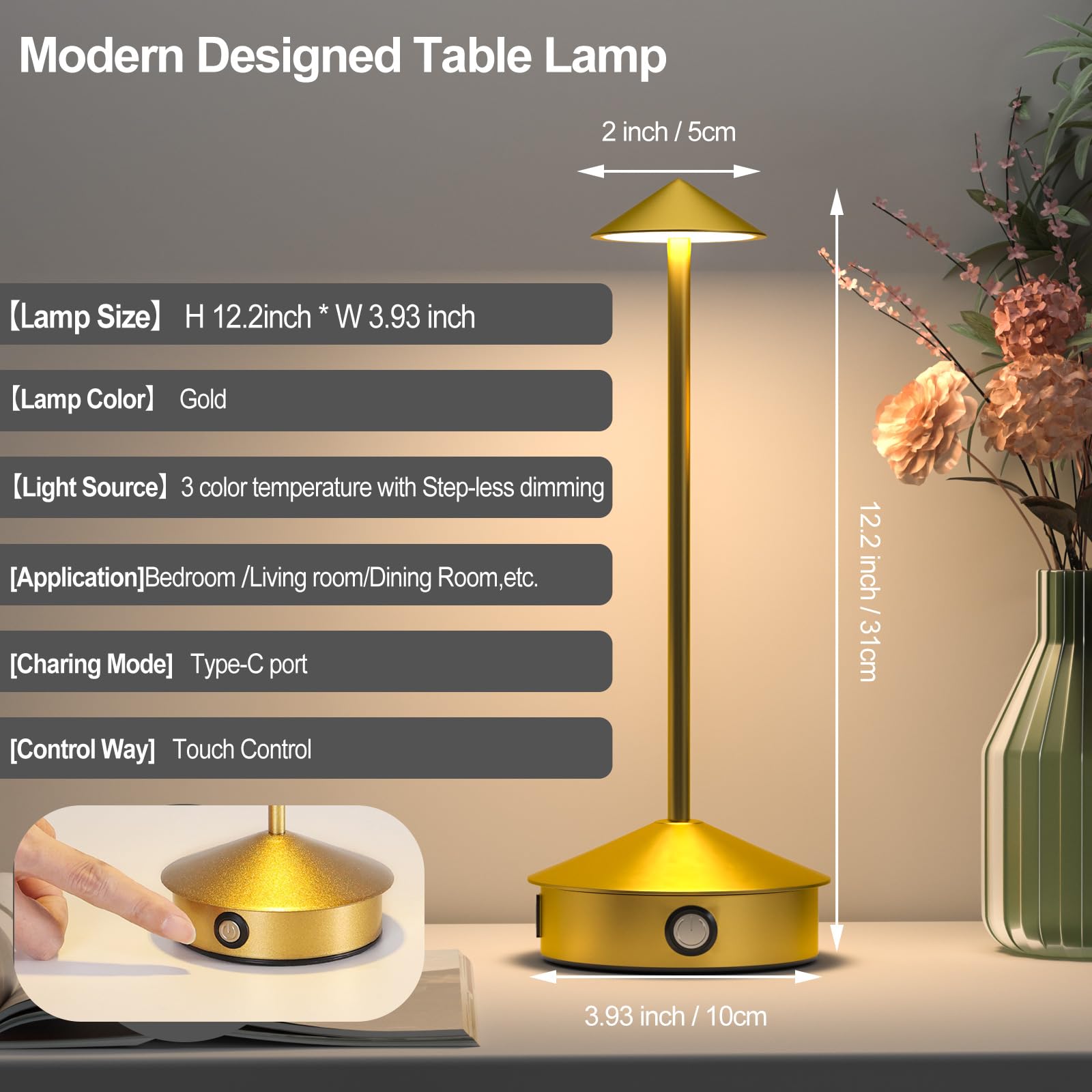 Apspow Table Lamps,Cordless Desk Lamp With Usb Port, 6000Mah Battery Operated Desk Lamp, 3 Level Brightness Led Table Lamp With Modern Design, Table Light For Bedroom, Gold
