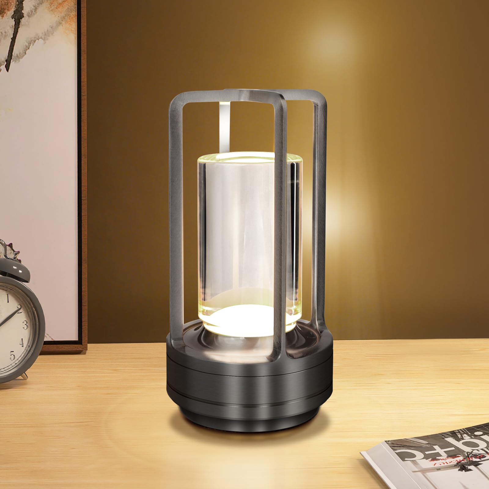 Keweis Cordless Table Lamp For Outdoor Indoor, Portable Rechargeable Battery Powered Led Crystal Lantern Lamp, 3 Color Touch Control Stepless Dimming, Small Desk Light For Restaurant Home (Black)