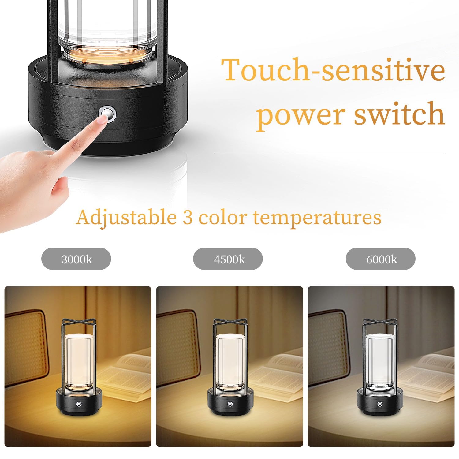 Scopow Portable Crystal Lantern Table Lamp For Indoor/Outdoor ,Rechargeable Cordless Led Lamp, 3-Colour Infinitely Dimming Battery Powered Small Desk Lamp, Restaurant/Coffee/Camping