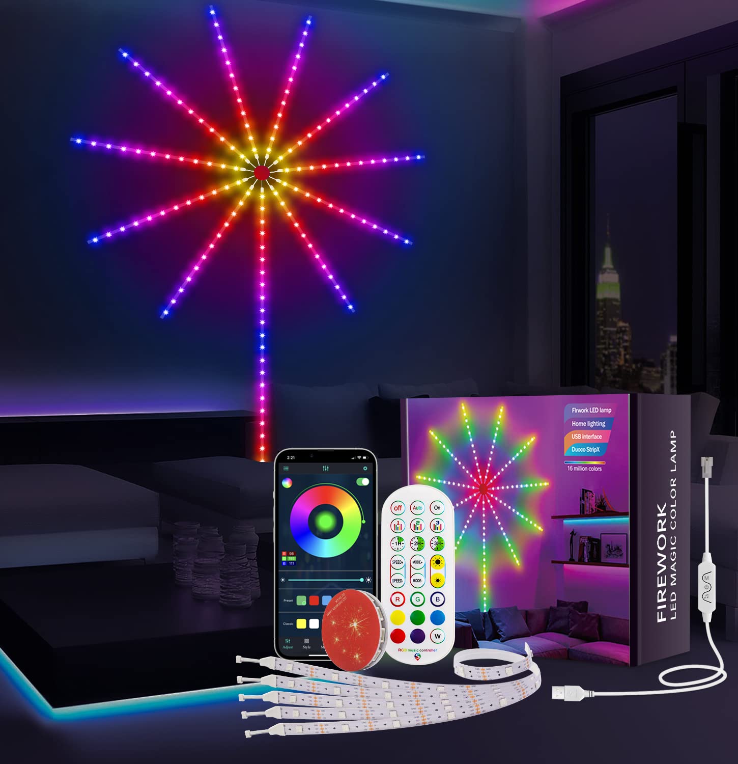 Maticod Smart Firework Led Lights Usb Powered Room Decor, Color Changing Fireworks Led Lights For Bedroom With Launch Burst Effect, Rgb Led Strip Lights Remote App Control For Year Party Decor