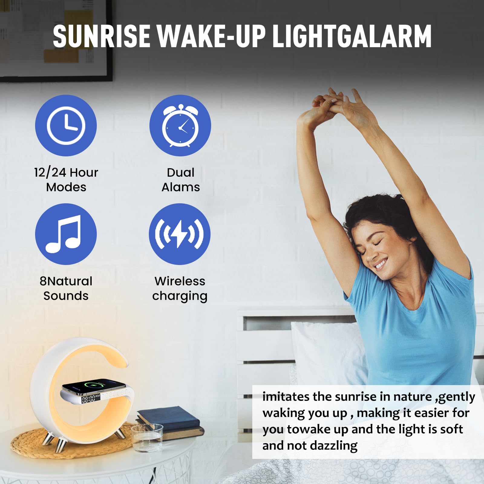Leenabao Smart Led Table Lamp, 4-In-1 Wireless Charger, Night Light, Alarm Clock, And Bluetooth Speaker With App Control For Bedroom, Office, And Home Decor (White)