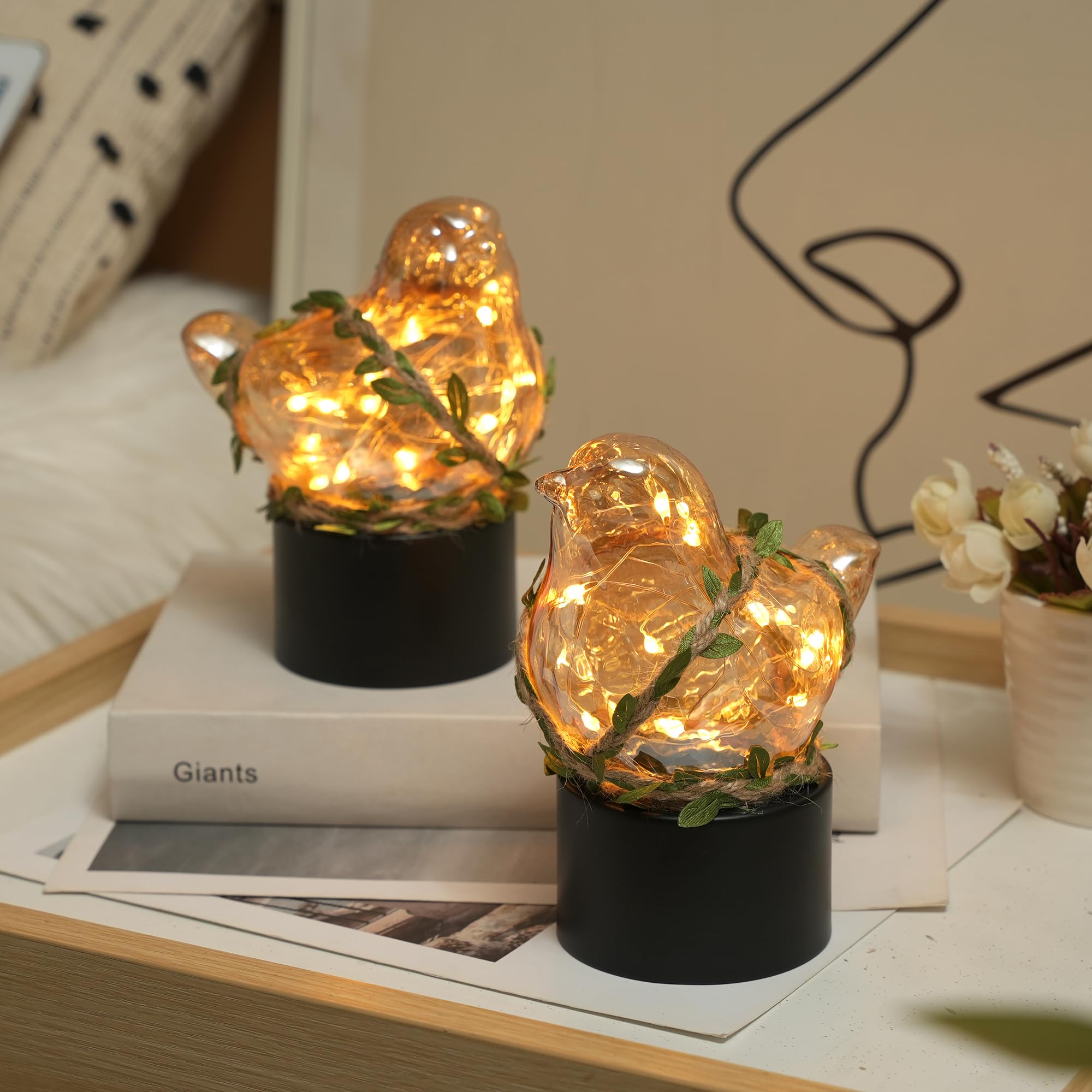 Jaoselap 2 Pack Small Birds Lamps Home Decor, Battery Operated Table Lamps With Timer, Decorative Ornaments Light For Living Room, Bedroom, Office Desktop, Cabinets