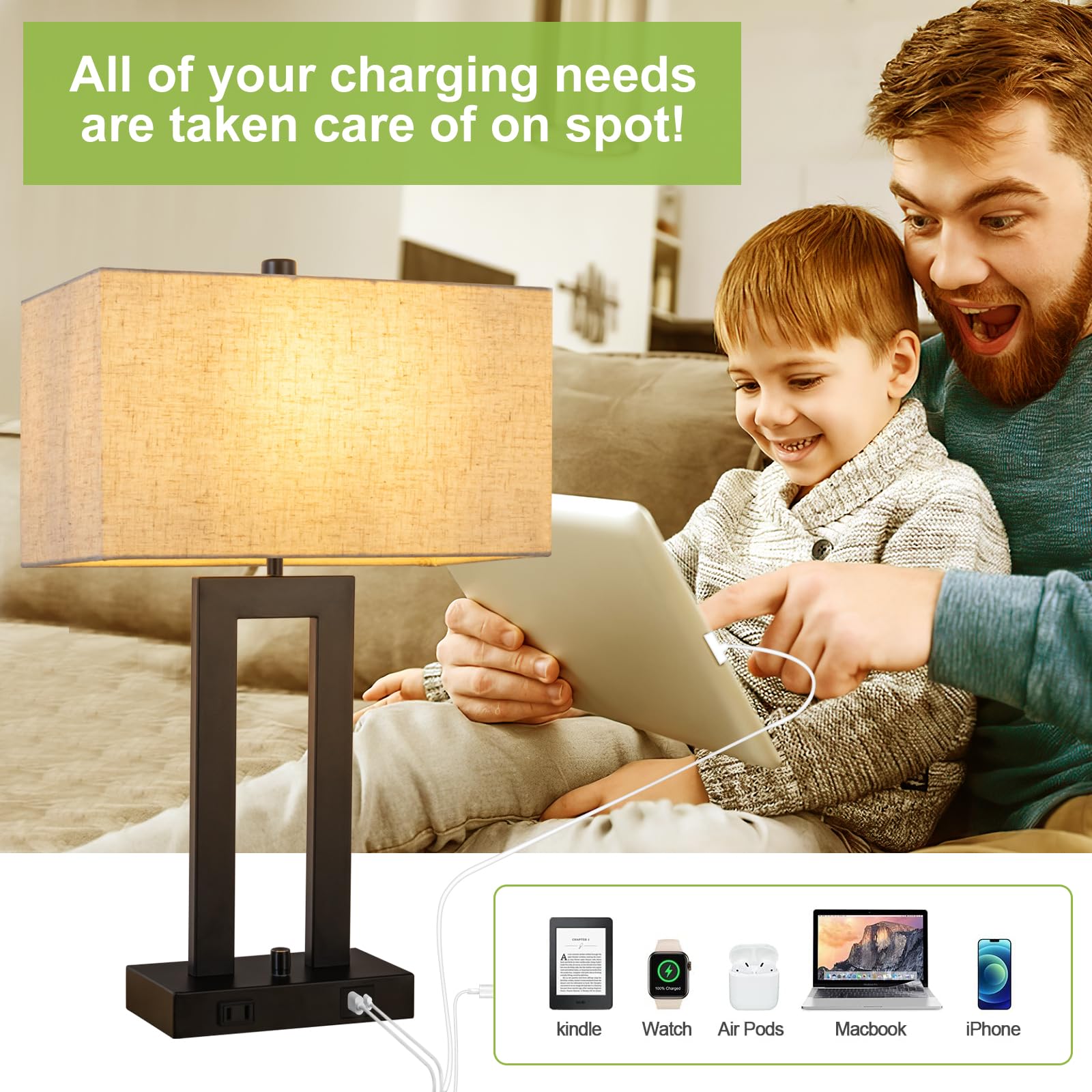 Vikdio Modern Table Lamps Set Of 2-22" Tall Bedside Lamps With Usb-C/Usb-A Charge Ports & Outlet, Stepless Dimmable Fabric Cream Shade Nightstand Lamps For Bedroom & Living Room