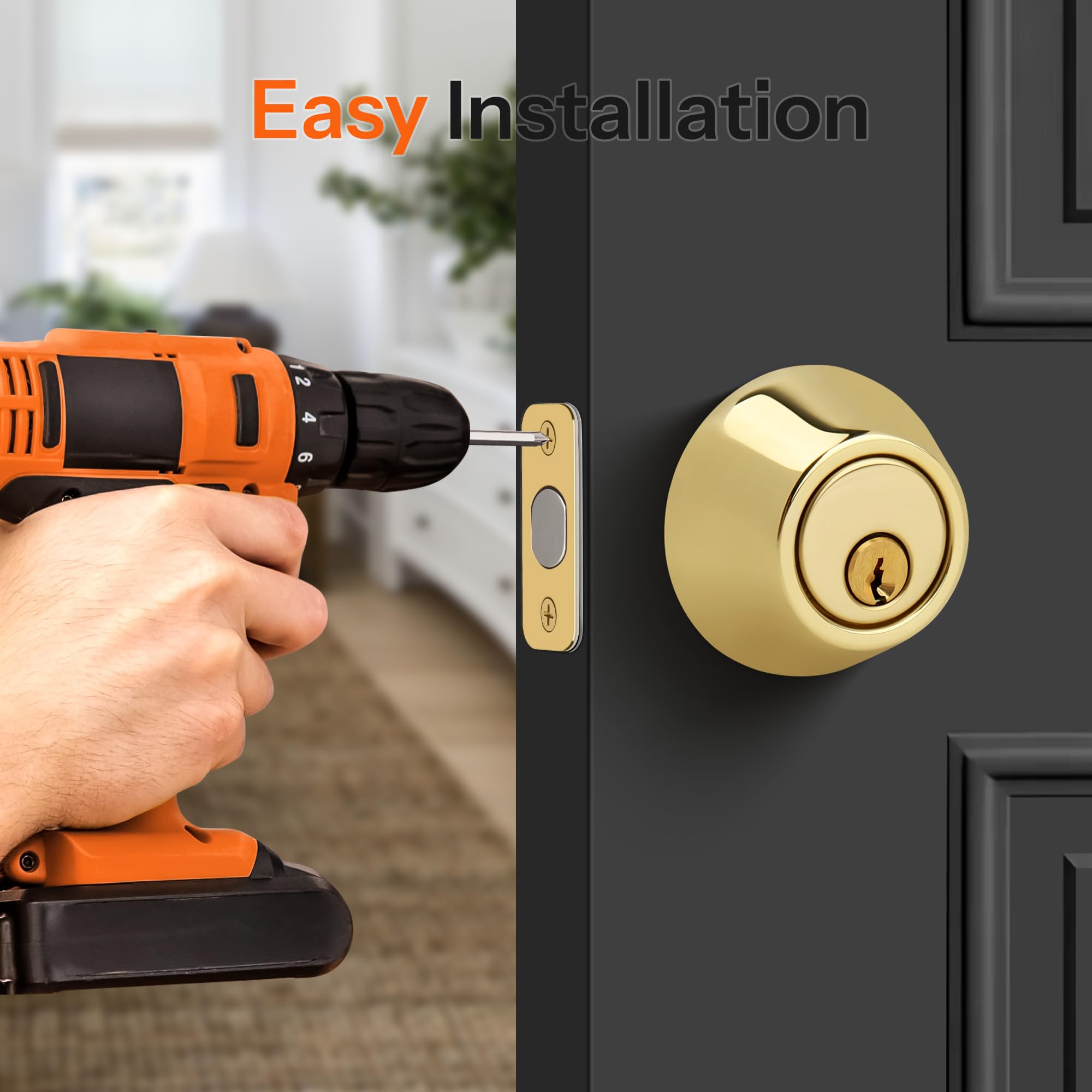 Gaurqiah Keyed Single Cylinder Deadbolt Lock For Exterior, Round Design Dead Bolt For Front Door And Entrance Door, Polished Brass