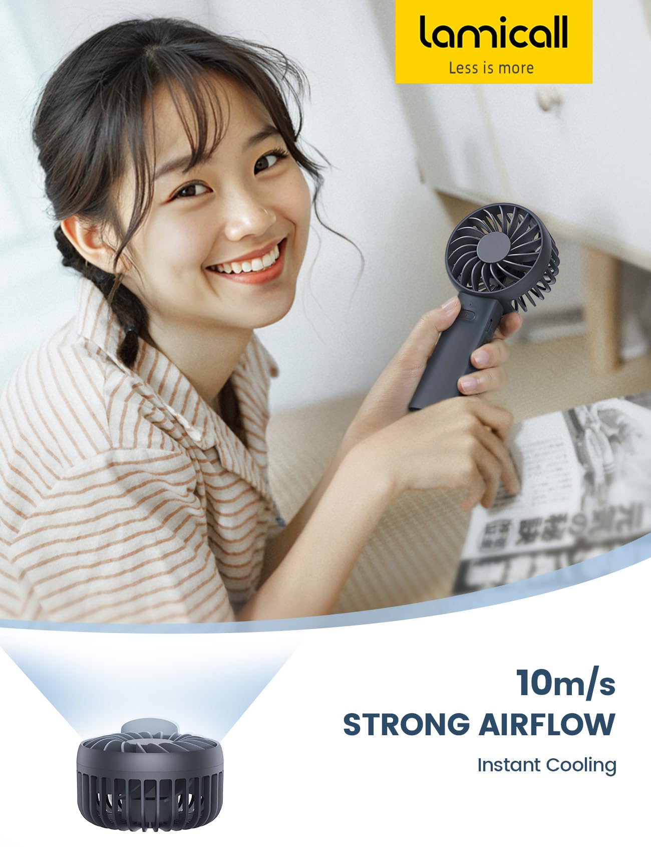 Lamicall Mini Portable Handheld Fan, Lightweight Usb Rechargeable Battery Personal Fan, 3 Speed Wind