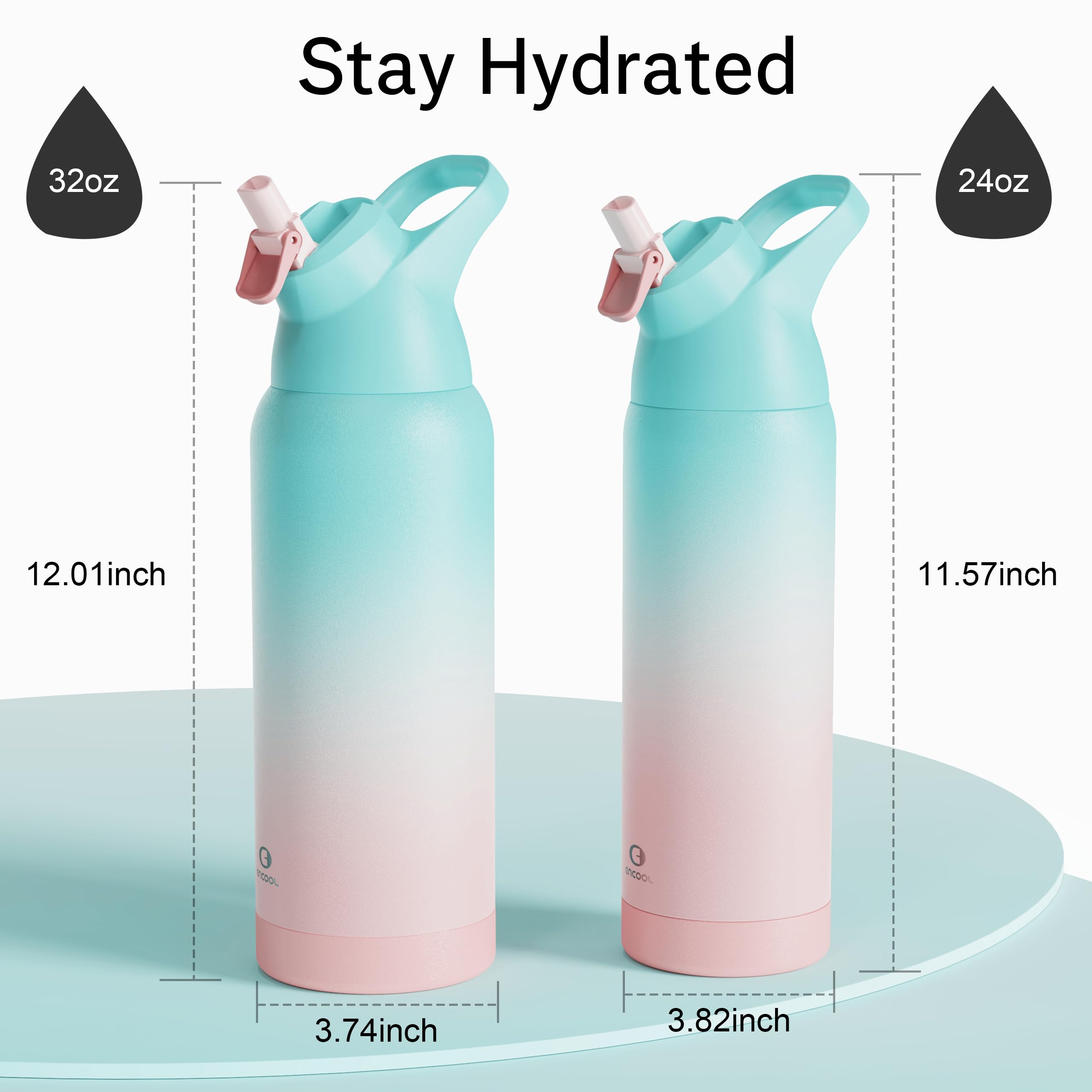 Insulated Water Bottle With Straw - Encool Stainless Steel Water Bottle, Reusable Leakproof