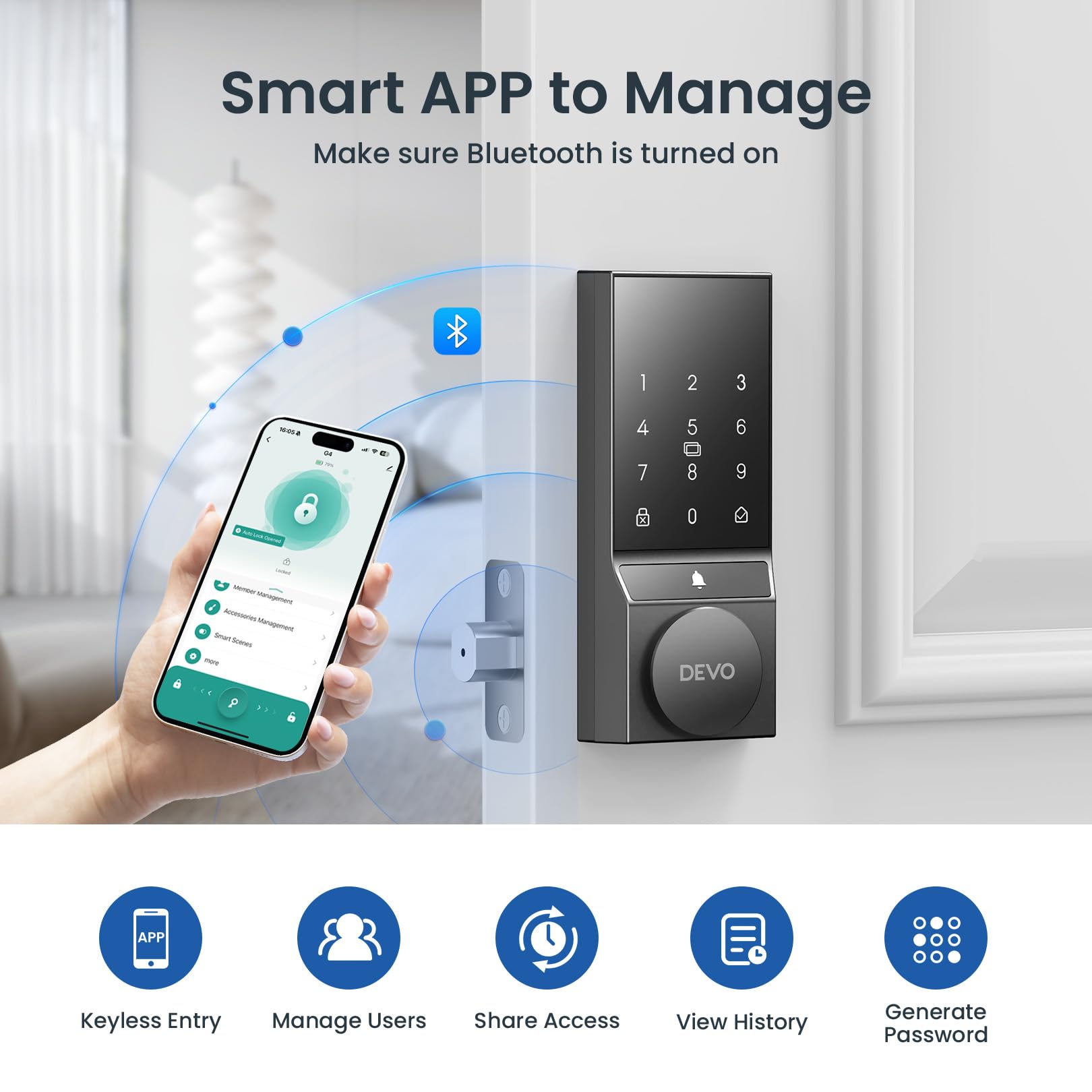 Devo G4 Smart Door Lock, 4 In 1 Keyless Entry Door Lock With Doorbell, Smart Deadbolt Lock For Front Door, App Control, Easy Installation, Ip54 Waterproof, Bhma Grade 3