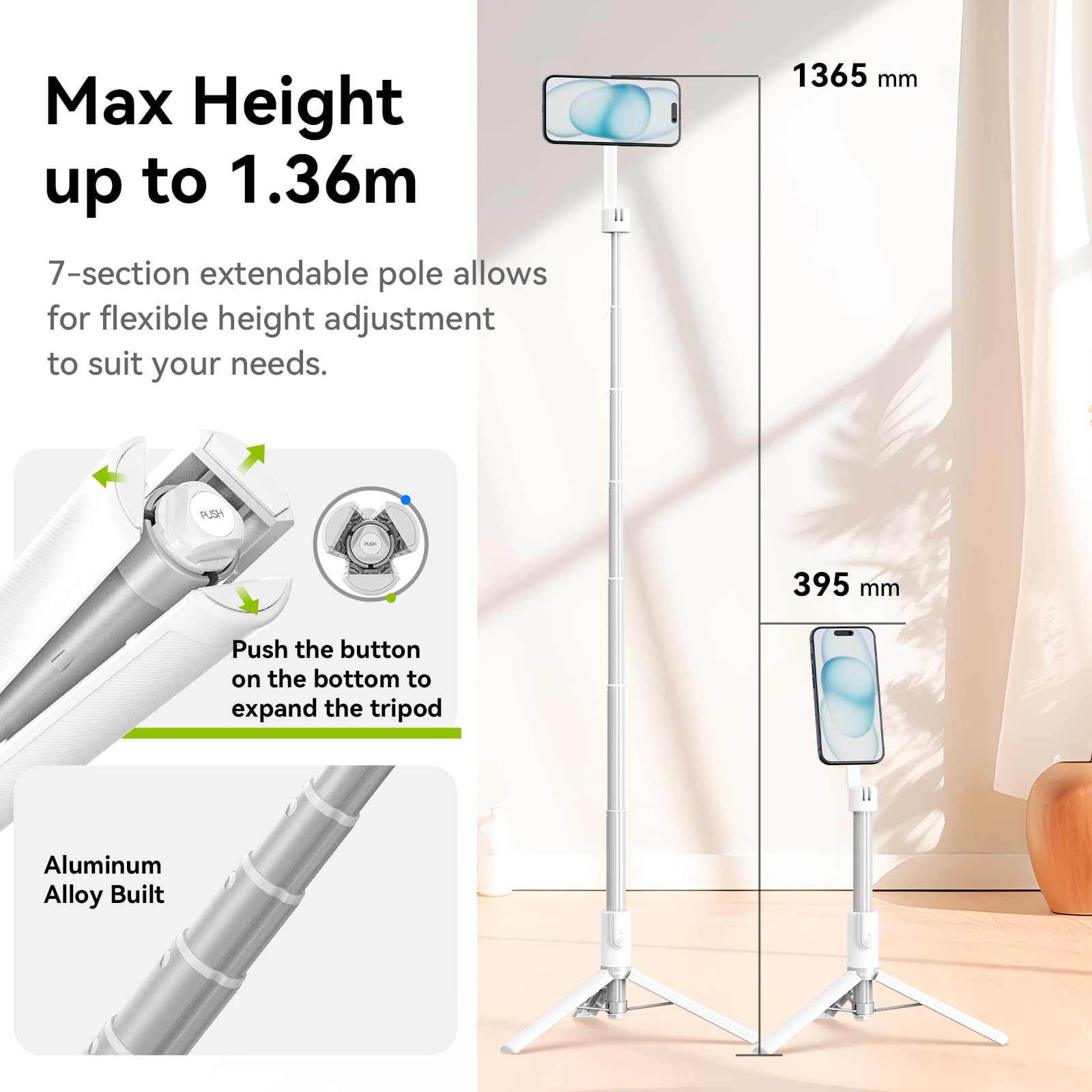 Ulanzi 54'' Magnetic Selfie Stick Tripod Pro, All-In-One Phone Tripod W Magnetic Phone Holder & Detachable Wireless Remote, C/W Magsafe, For Iphone 16 15 14 13 12 Series & Android Phones (White)