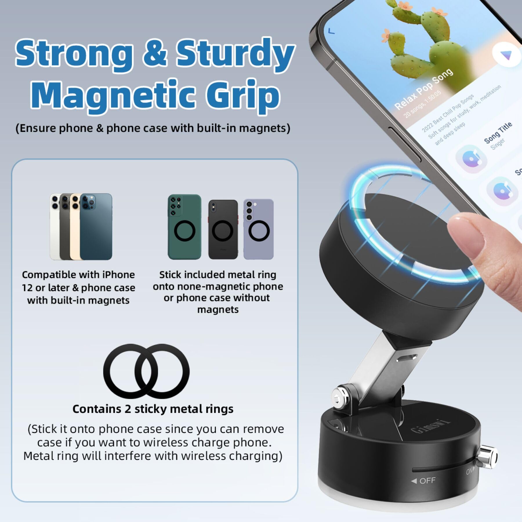 Gimswi Vacuum Magnetic Phone Holder With Metal Ring Compatible With Iphone Samsung All Phone, Portable Universal Collapsible Magnetic Phone Stand For Gym Car Mount With Windshield Suction Cup