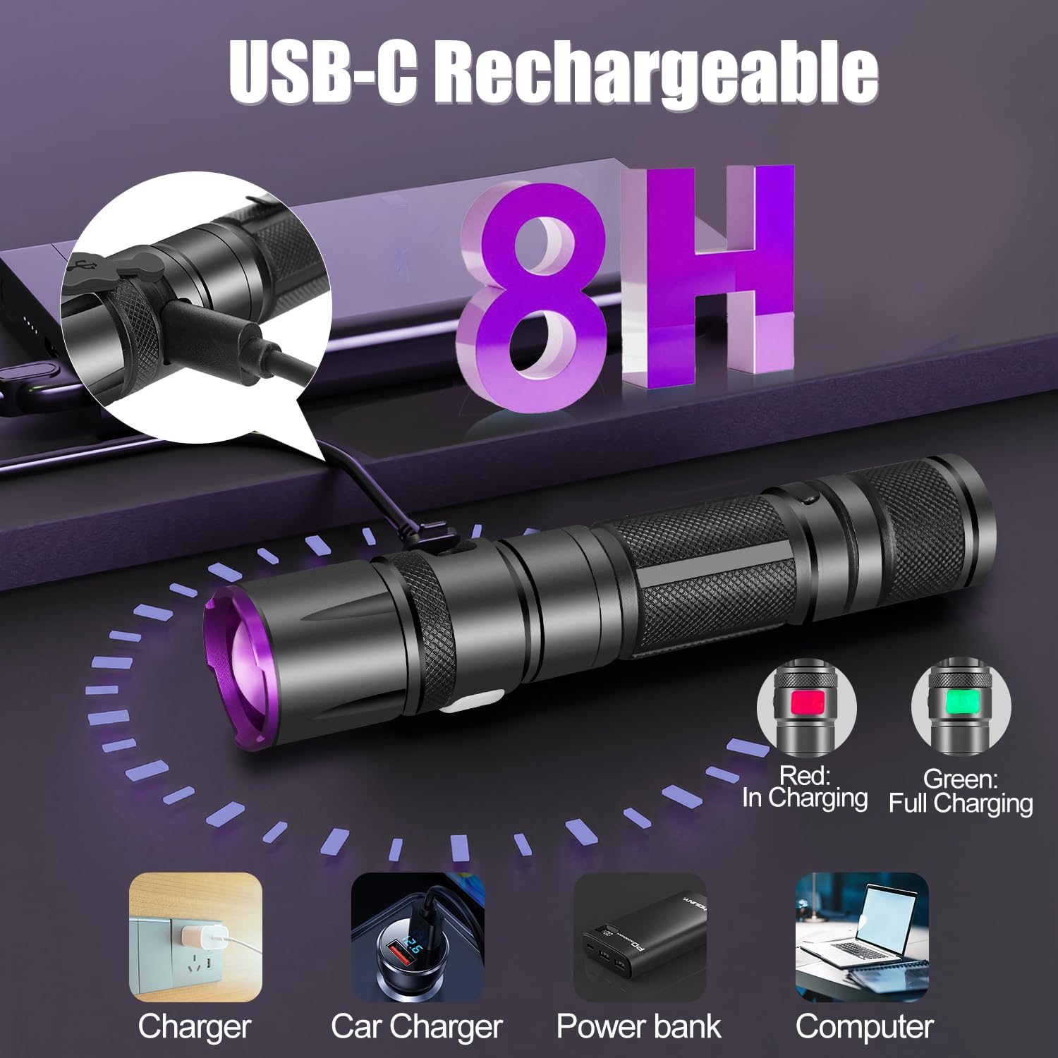 Annteneo Black Light Flashlight, 2Pack Uv Flashlights Usb-C Rechargeable 8Hours Long-Lasting Pure Ultraviolet Light, Fluorescent Detector For Dog,Pet Urine Stains,Flowers Glows,Uv Paint Glows,Hornworm