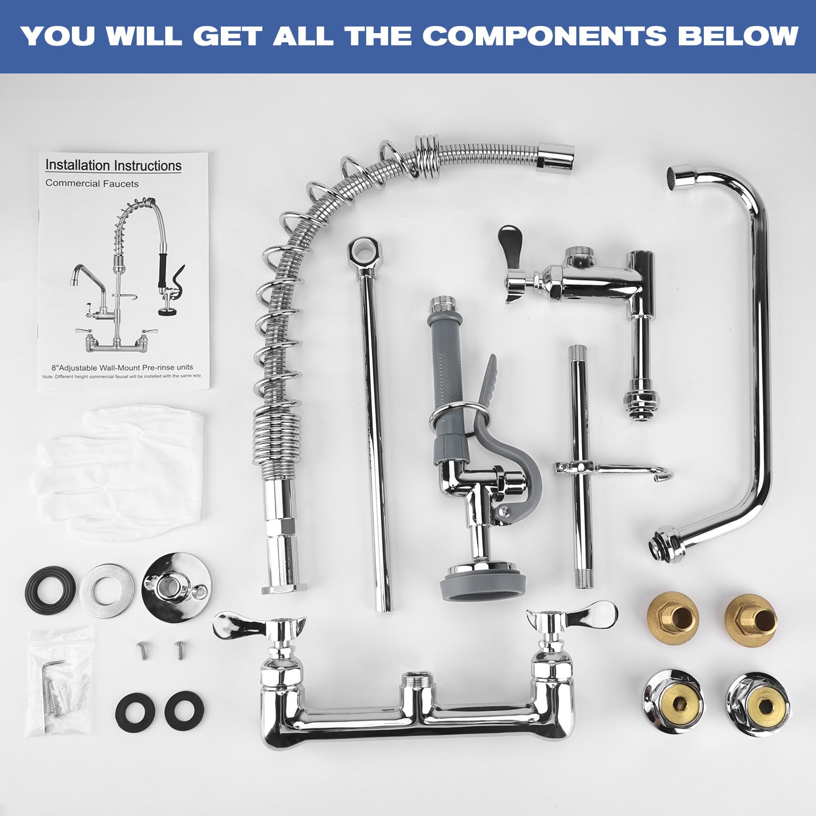 Pgkkle 25" Height Commercial Kitchen Faucet Wall Mount With Pre-Rinse Sprayer, 8 Inch Center Wall Mount Sink Faucet With 12" Swing Spout ，Commercial Sink Faucet For Commercial Restaurant Industrial Kitchen.