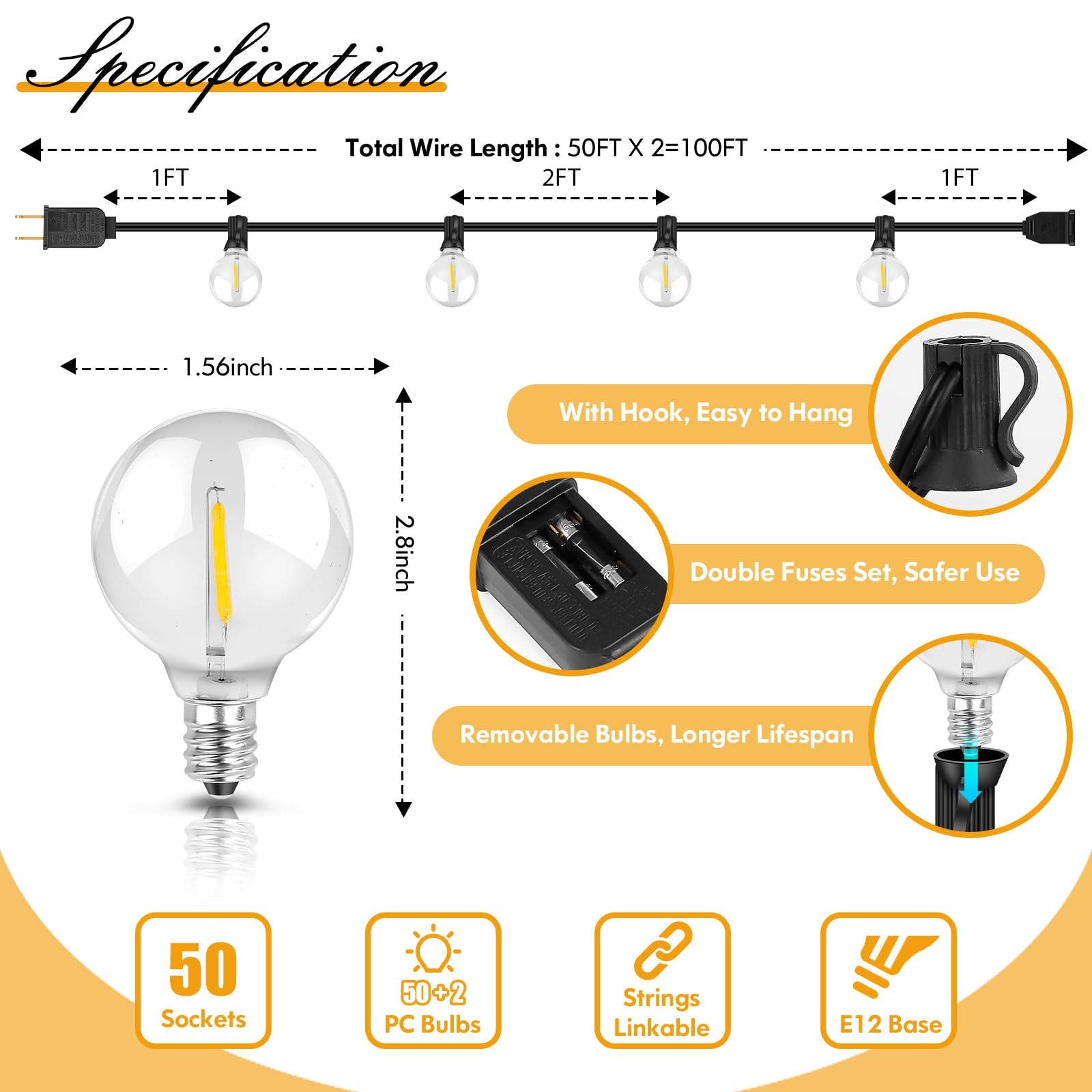 Brightever 100Ft Led Outdoor String Lights Patio Light With 52 Shatterproof G40 Dimmable Globe Bulb, 2-Pack 50Ft Waterproof Outside Hanging String Light For Christmas Backyard Porch Balcony Gazebo Party