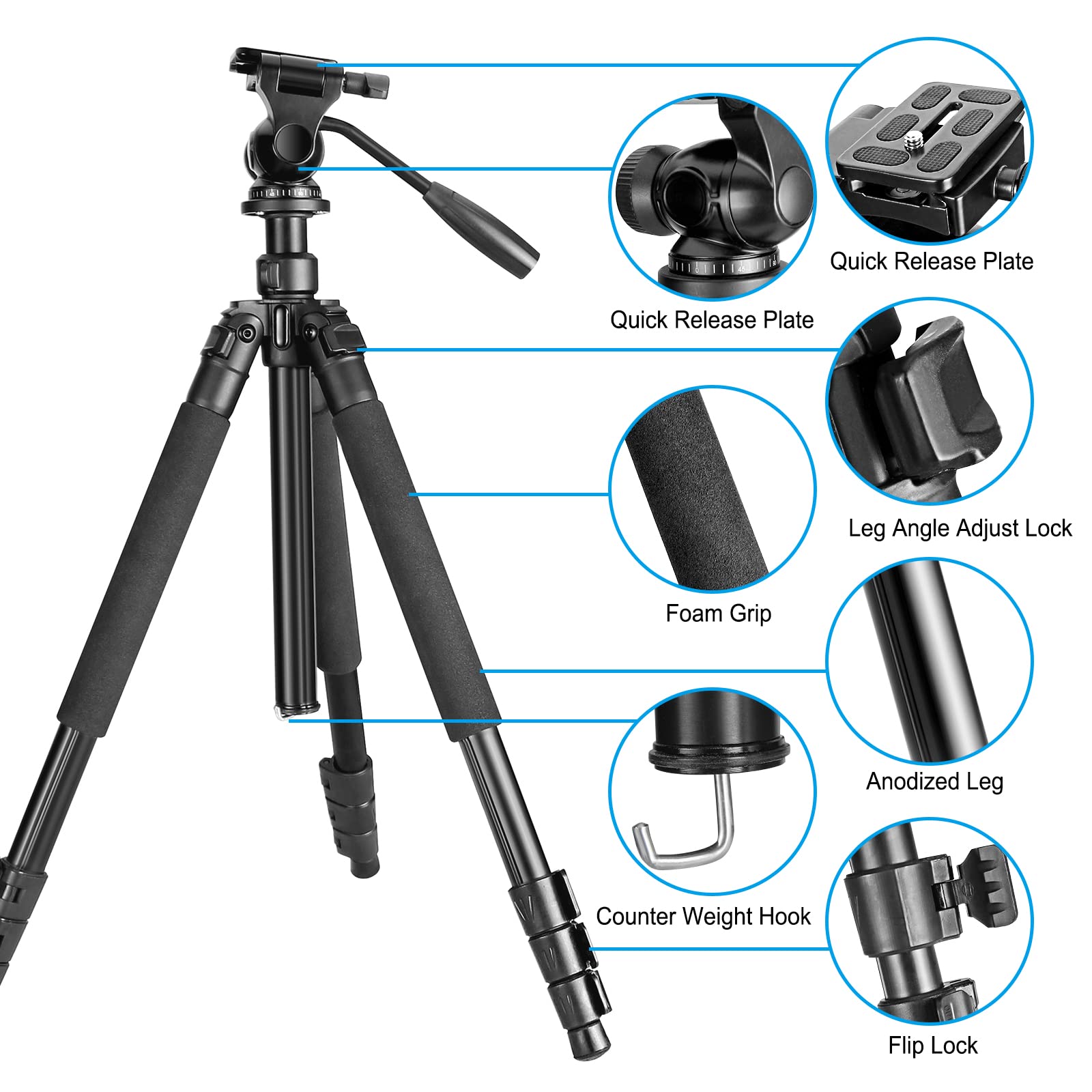 Celticbird 64.5 Inch Travel Portable Tripod- Compatible With Slr Cameras, Cell Phones, Binoculars, Spotting Scopes, Monoculars