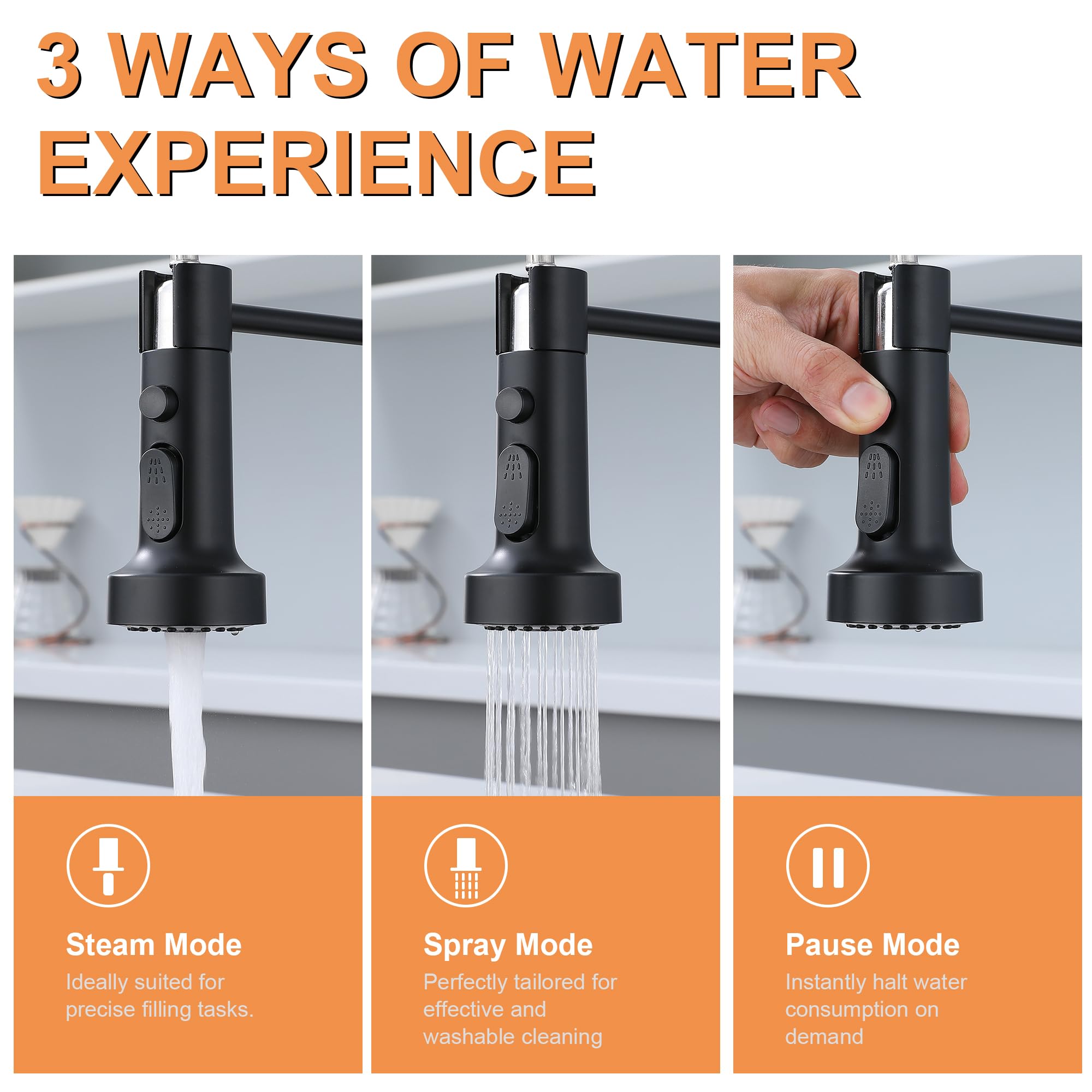 Gcgweqs Black Kitchen Faucet With Pull Down Sprayer, Single Handle Stainless Steel Pull Out Spring Sink Faucets 1 Hole Or 3 Hole Dual Function For Farmhouse Camper Laundry Utility Rv Wet Bar