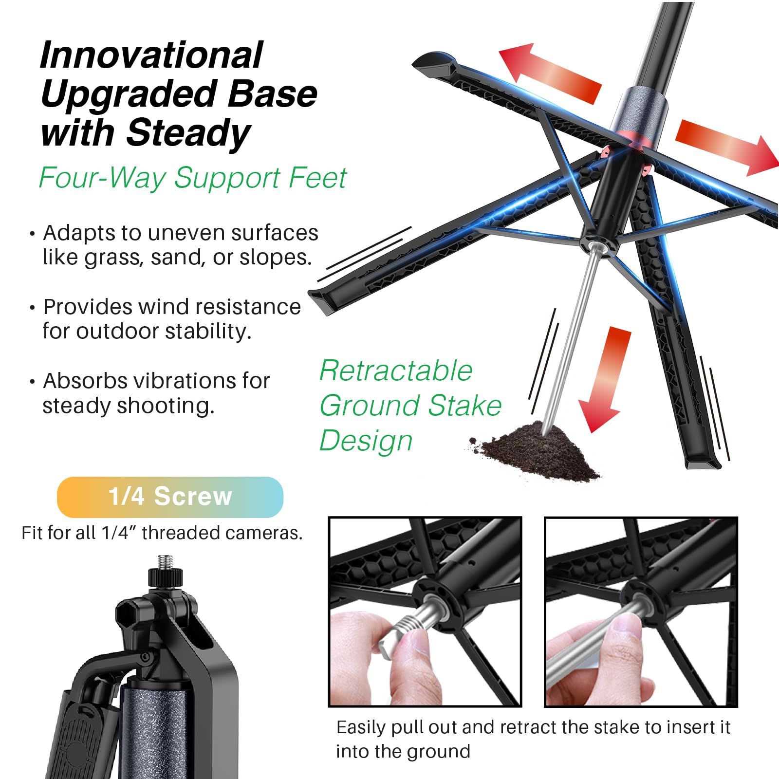 3Zebra 72" Stakeshot Floor-Standing Telescopic Phone Holder Selfie Stick Tripod With Ground Stakes, 360° Rotating, Five-Axis Stabilization, Eligible For Fill Light & Bluetooth Remote, Outdoor Portable