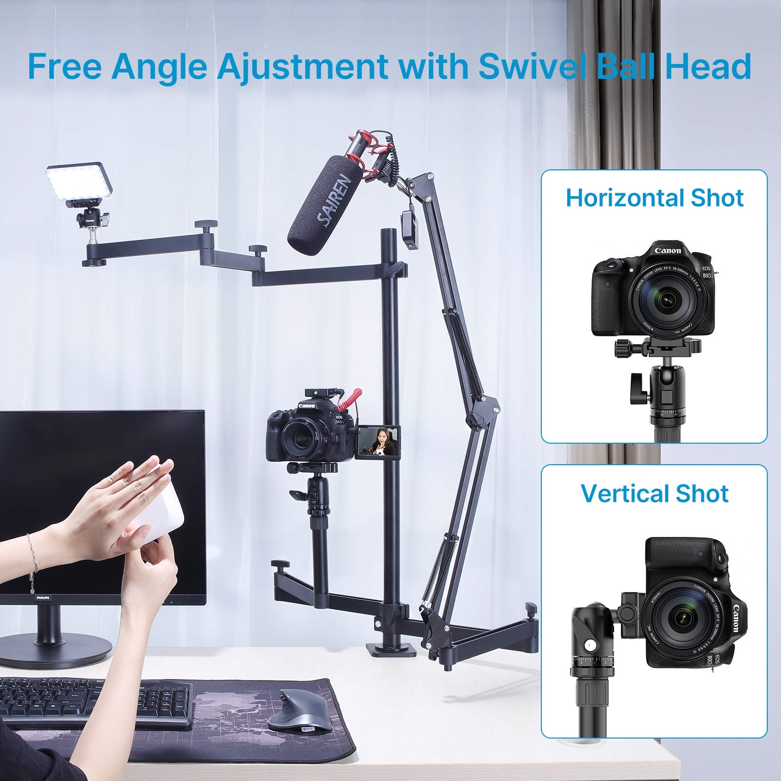 Pictron Live Broadcast Boom Arm, Ulanzi Flexible Desk Mount Camera Arm Clamp Webcam Stand, Microphone Boom Arm For Blue Yeti Snowball Yeti Nano, Webcam, Camera, Led Light, Voice Recording, Podcasting