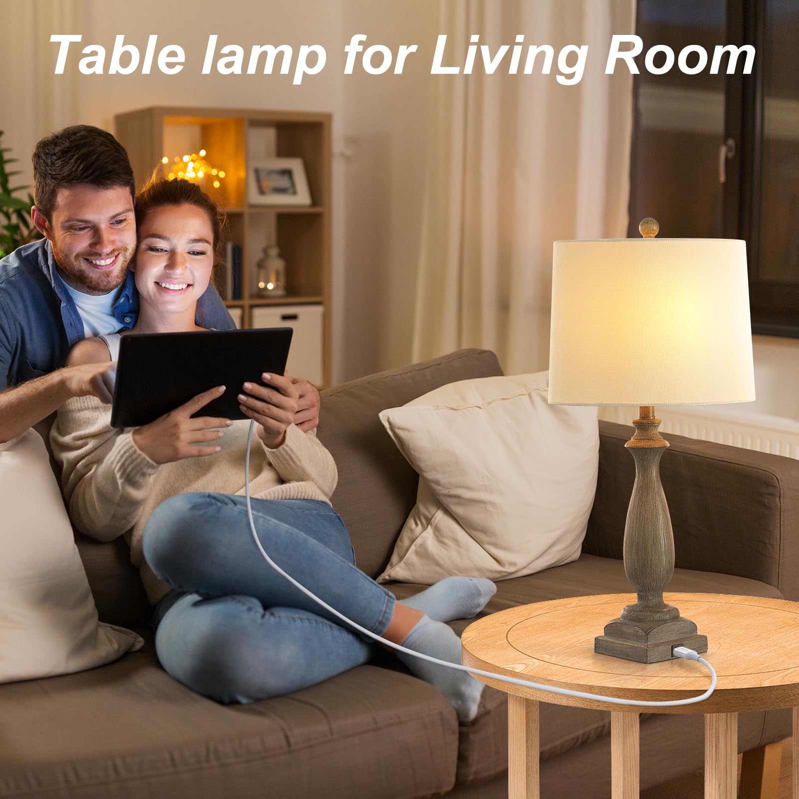 Hightry Rustic Bedside Lamps Set Of 2, 26.6" Table Lamp With Usb Port, 3 Way Dimmable Farmhouse Nightstand Resin Lamp For Bedroom Living Room Office