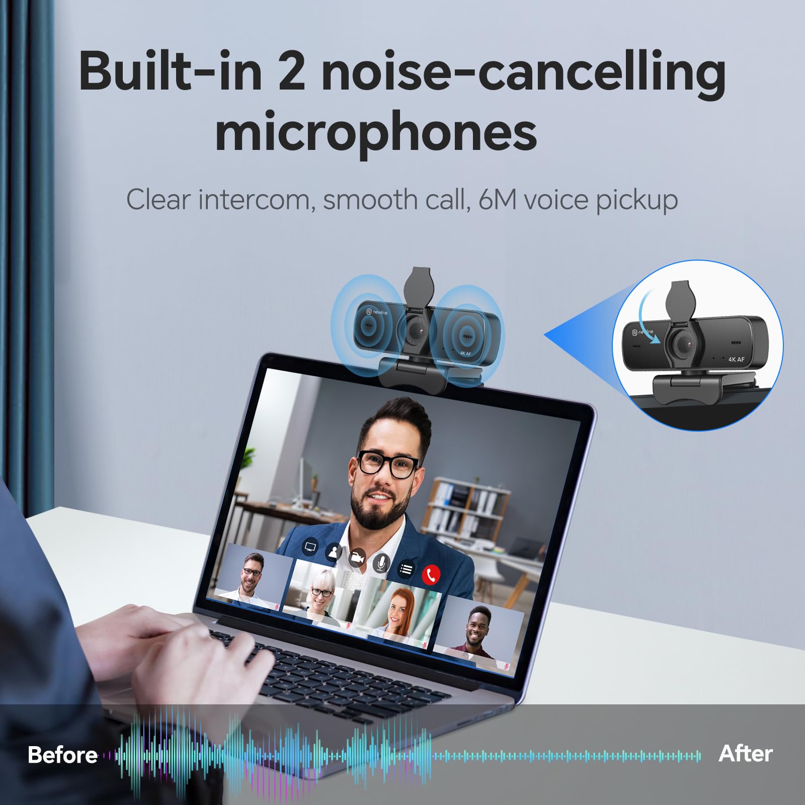 N line 4K Webcam For Pc, 4K Uhd Usb Webcam With Microphone, Auto Focus, Low Distortion, Privacy Cover, Pc Camera W/Tripod Stand For Zoom, Skype, Teams, Laptop, Conferencing, Calling, eye 60