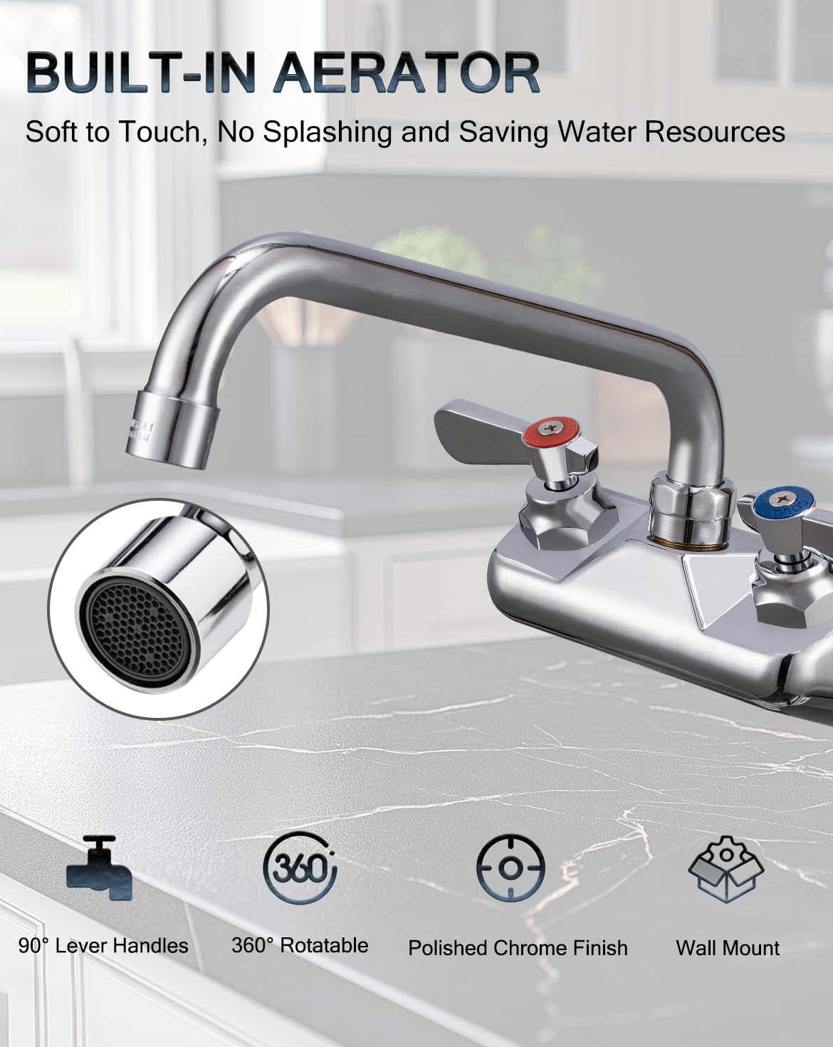 Phivan Commercial Kitchen Sink Faucet, 4 Inch Center, Wall Mount, 2 Hole, Brass, Polished Chrome, 12 Inch Swivel Spout, 360 Rotation, 1.8 Gpm, Modern Style, Silver